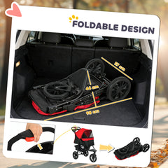 PawHut Dog Stroller Foldable Pet Pram for Small Miniature Breeds, Cats, 3 Wheels Dog Pushchair with Brake, Cupholder, Red