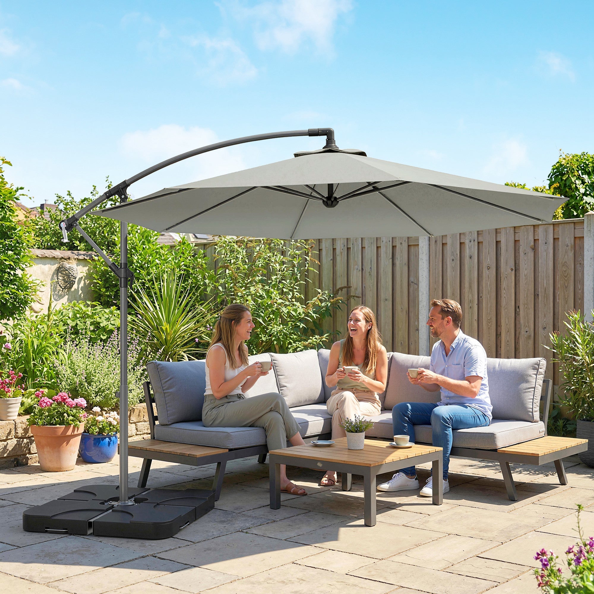Outsunny 3m Overhanging Parasol, with Base, Weights and Cover - Light Grey