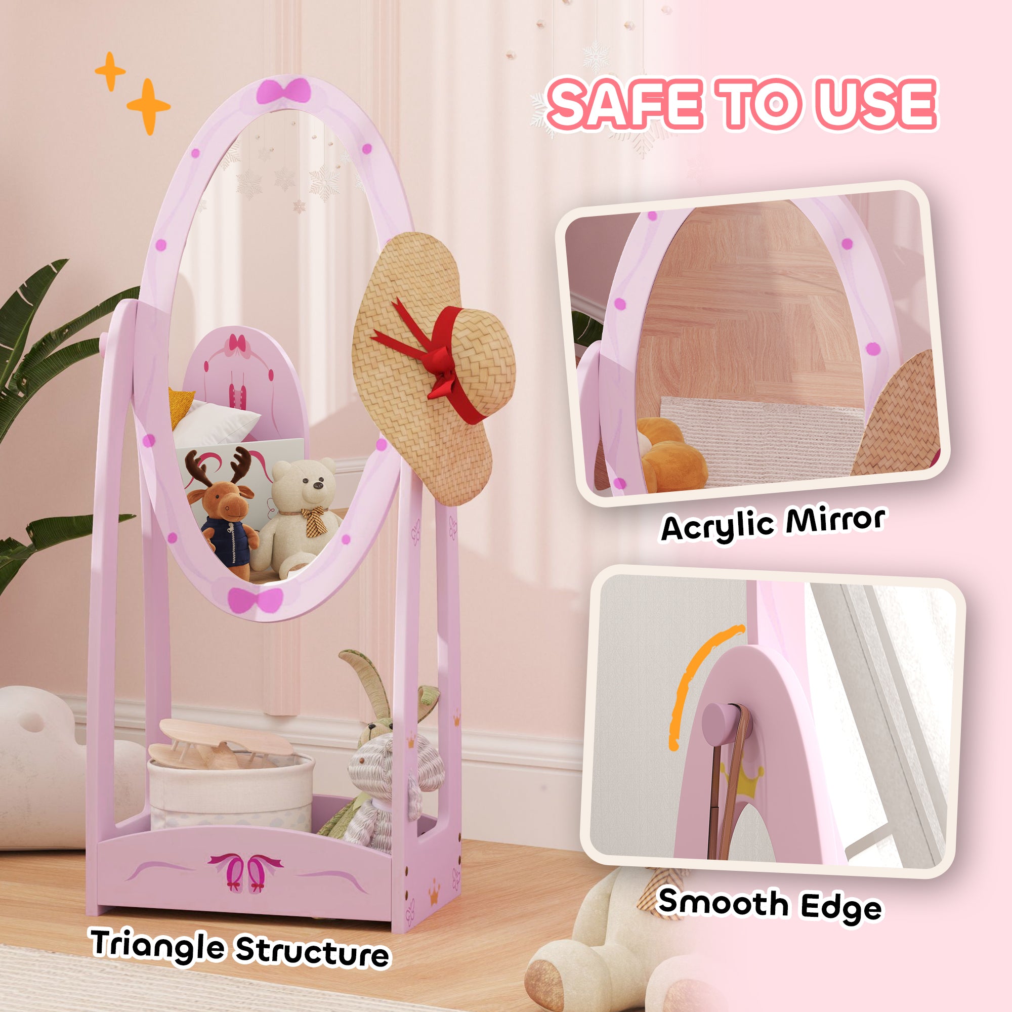 AIYAPLAY Kids Clothes Rail, Kids Dressing Mirror with 360√Ç¬∞ Rotating, 2 Piece Kids Furniture Set with Storage Shelves, Pink
