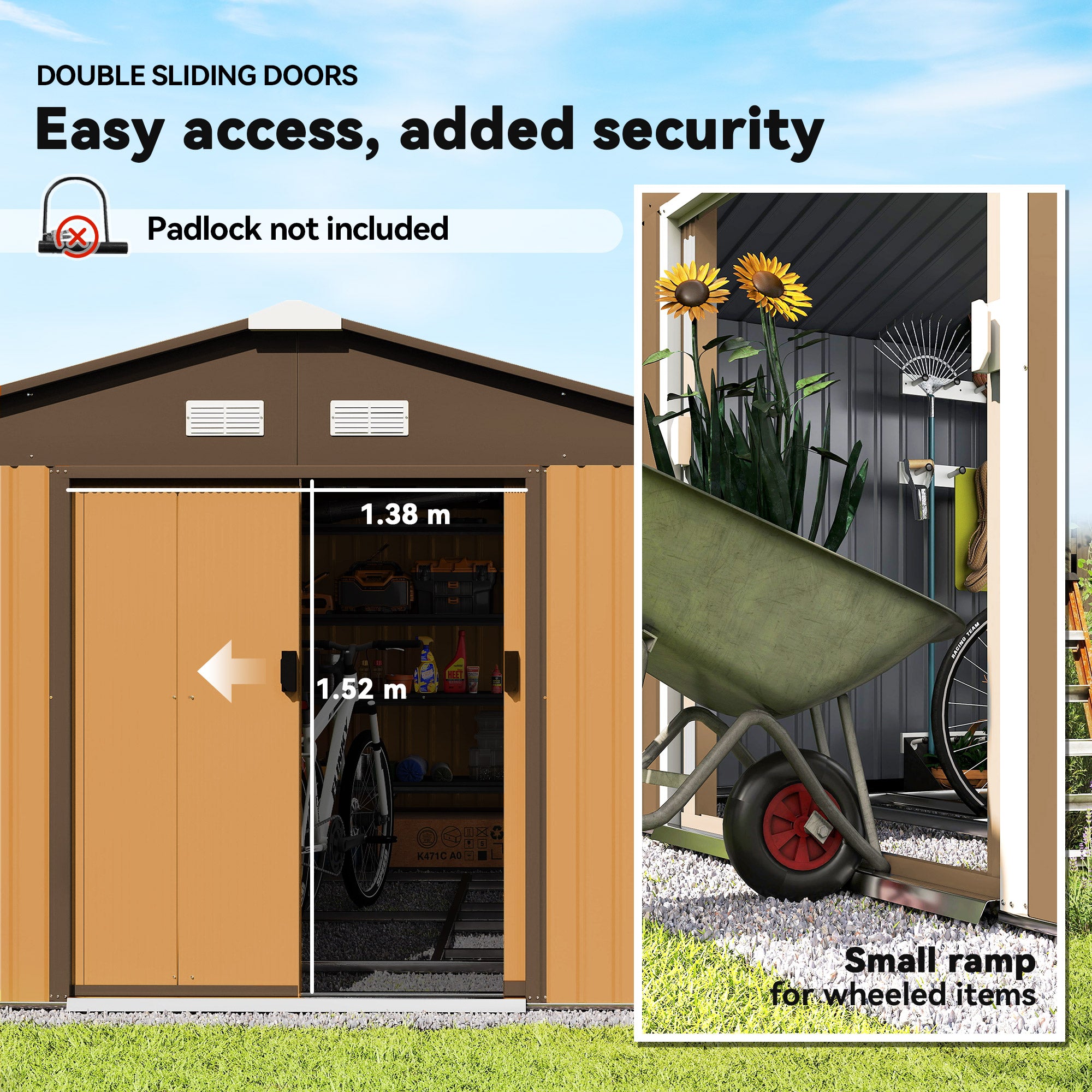 Outsunny 13 x 11ft Metal Garden Shed, Outdoor Storage Tool House with Ventilation Slots, Foundation Kit and Lockable Double Doors, Light Brown