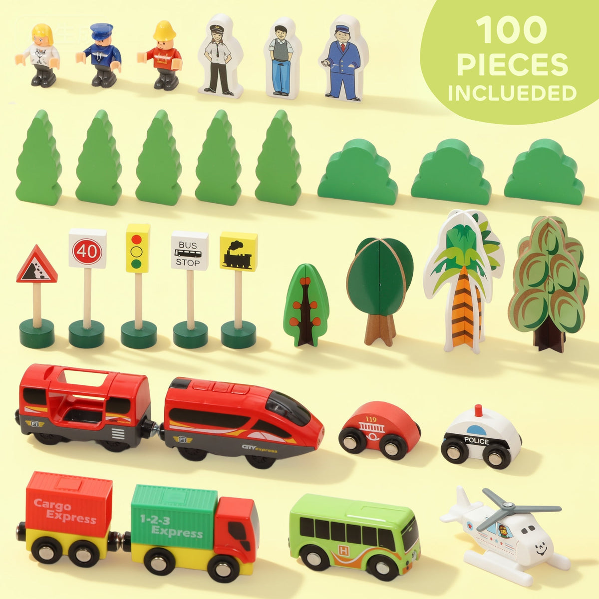 AIYAPLAY 100 Piece Wooden Train Set for Kids 3+ Years with Track, Crane, Battery Operated Train