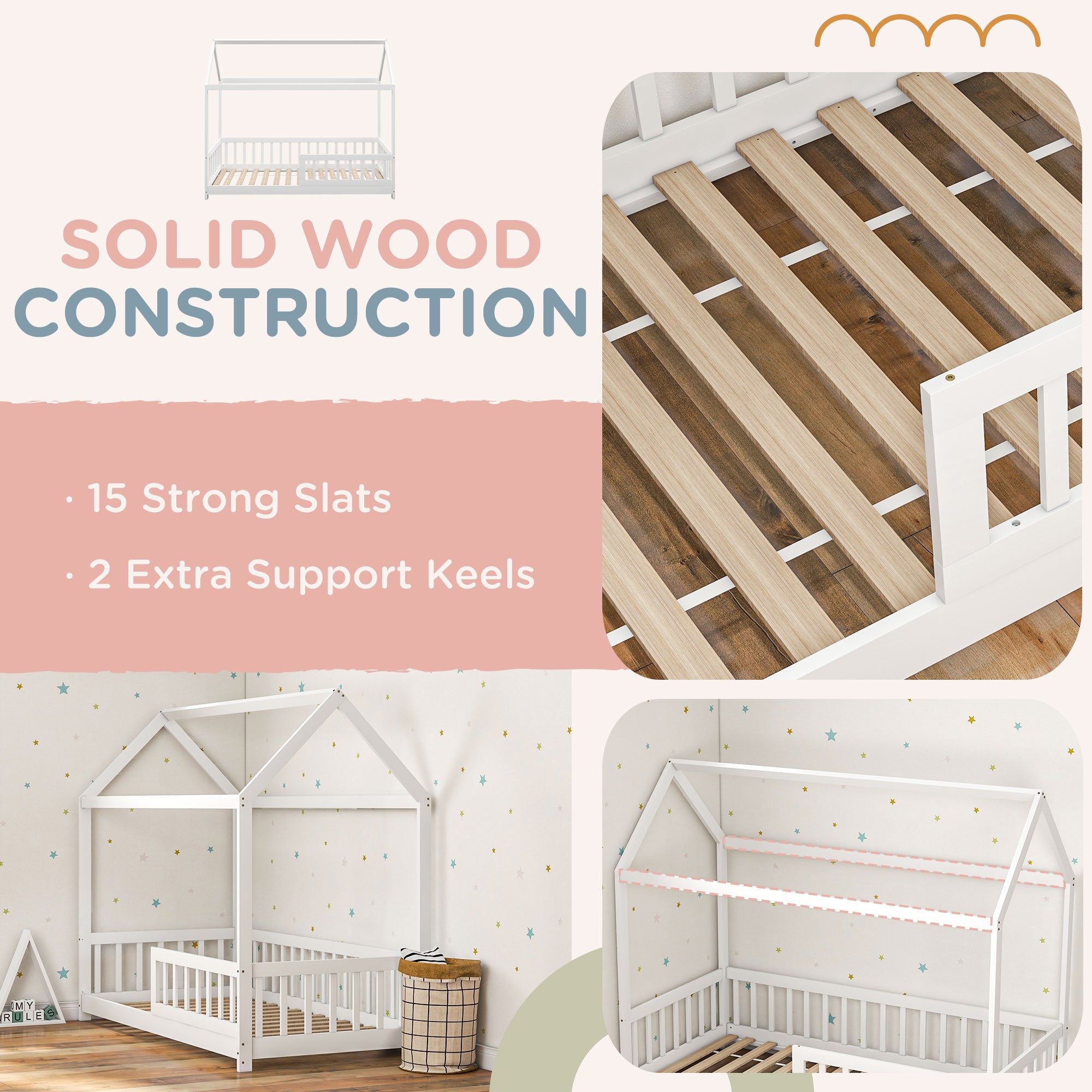 HOMCOM House-Shaped Kids Bed Frame with Safety Fence, Solid Pine Wood Single Bed Frame for Kids Boys and Girls