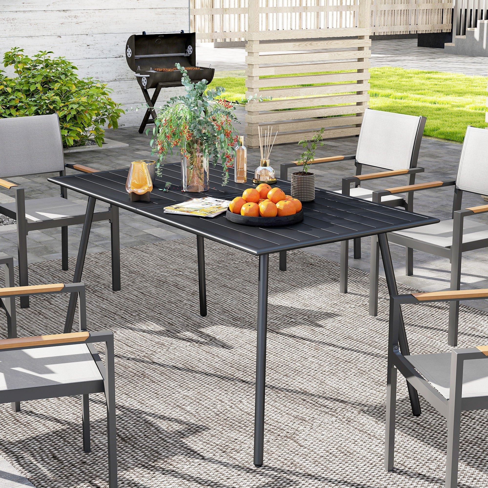 Outsunny Rectangle Garden Table with Slat Top, Steel Frame, Outdoor Table for 6 Person, 150 x 80 x 74 cm, Black