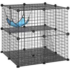 PawHut Indoor Cat Cage DIY Customizable 2-Tier Indoor Cat Enclosure with 2 Doors and Hammock 70 cm Black