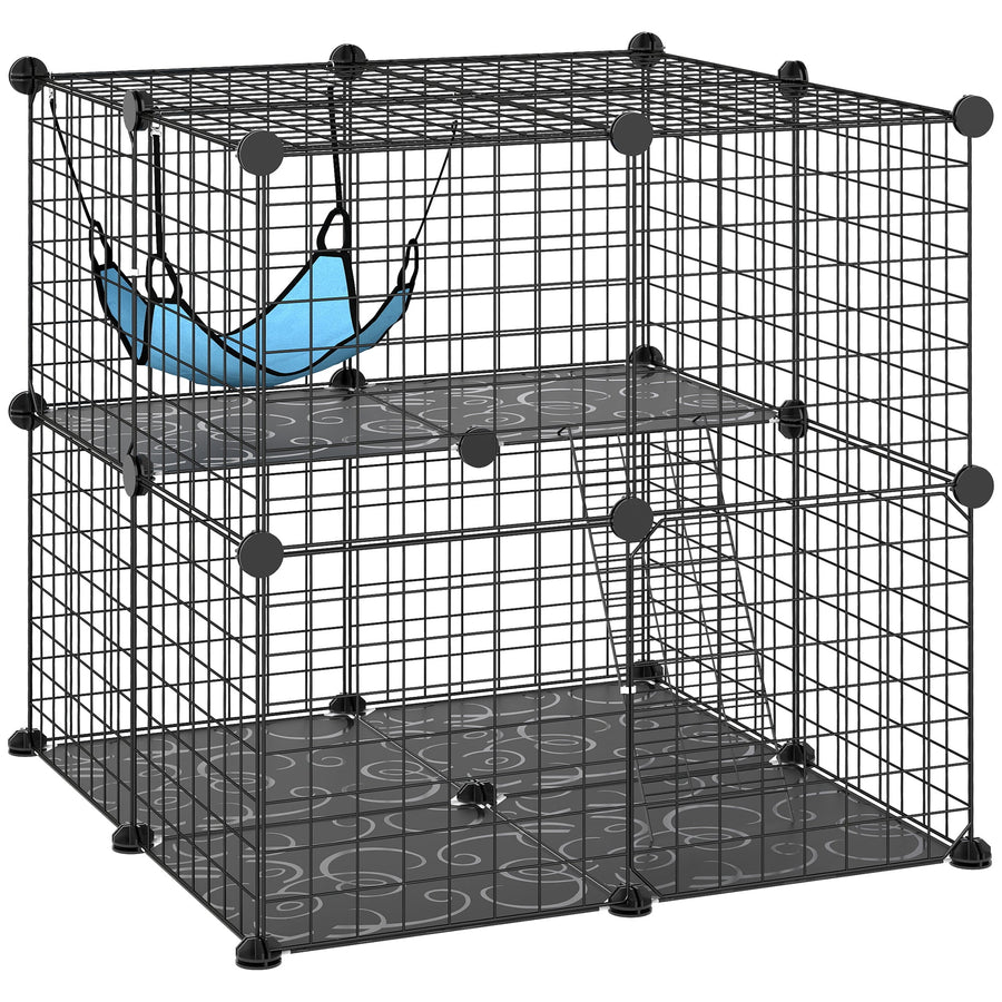PawHut Indoor Cat Cage DIY Customizable 2-Tier Indoor Cat Enclosure with 2 Doors and Hammock 70 cm Black