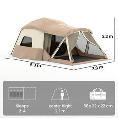 Outsunny Cabin Tent Waterproof Camping Tent with Two Room for 4 Person Brown