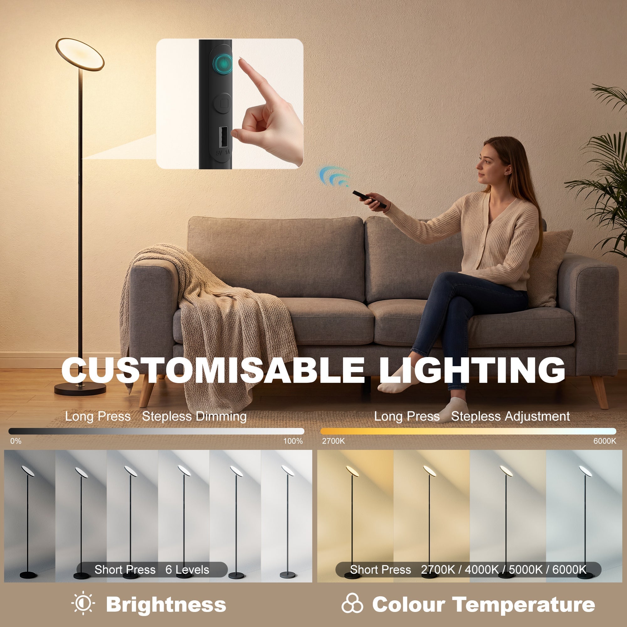 HOMCOM Uplighter Floor Lamp with Tuya App and Music Sync, Standing Lamp with Adjustable Head for Living Room Bedroom, Black