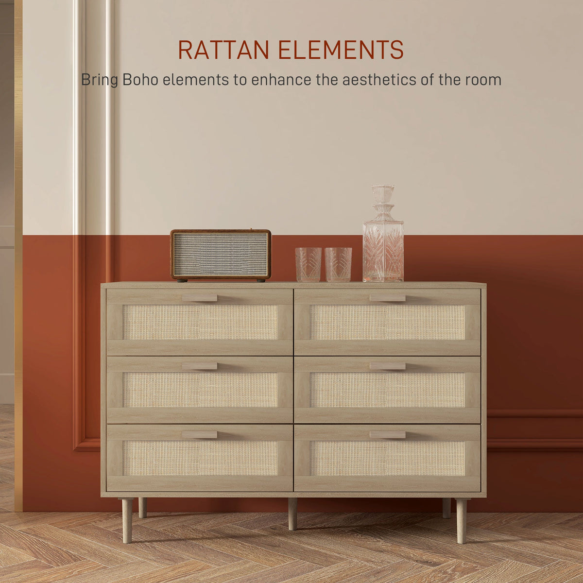HOMCOM Chest of Drawers, 6-Drawer Dresser, Tall Storage Drawer Unit with Rattan Element for Bedroom, Living Room, Oak