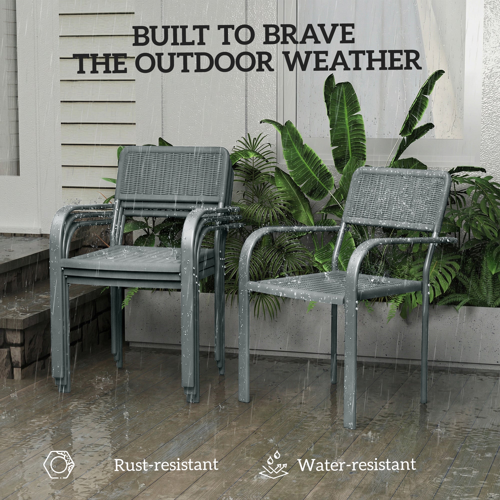 Outsunny Stackable Garden Chairs Set of 4, Rattan Effect Outdoor Dining Chairs, Light Grey