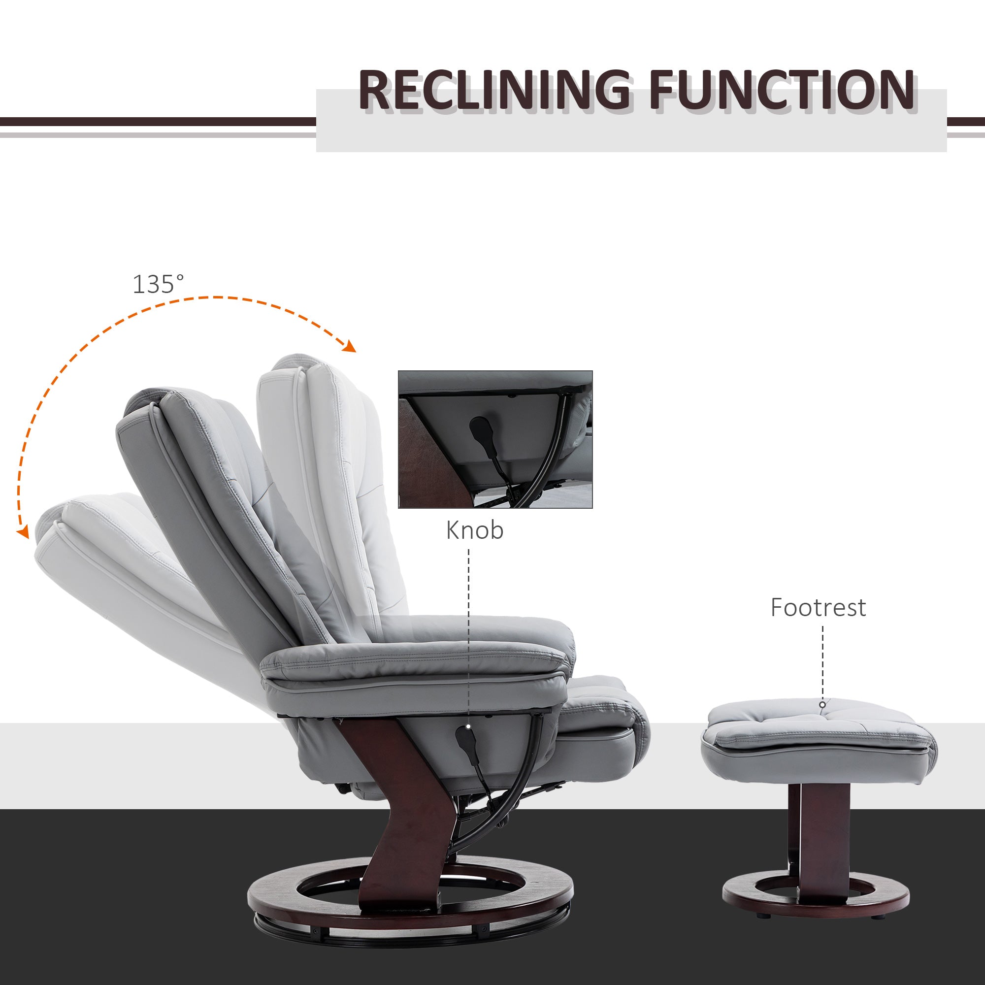 HOMCOM Recliner Chair With footstool, Recliner Armchair up to 130kg Weight Capacity, 135 Reclining Swivel Sofa Chair, PU Leather Ergonomic Couch Bed with Swivel Wood Base for Living Room, Grey