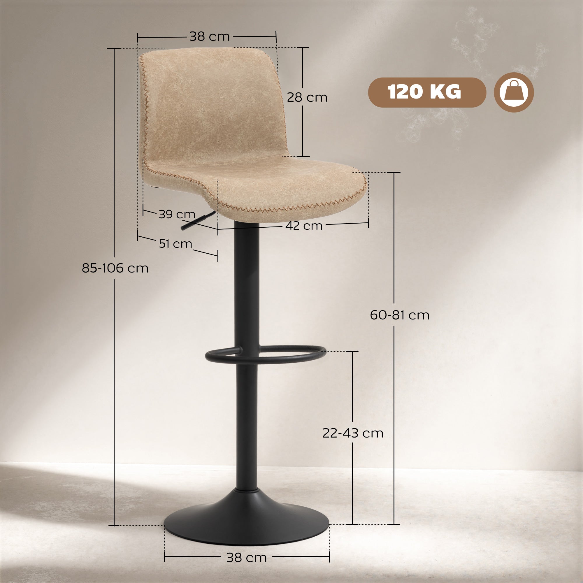HOMCOM Bar Stools Set of 2, PU Leather Barstools with Backrest and Footrest for Kitchen, Counter, Breakfast Bar, Light Brown
