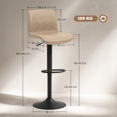 HOMCOM Bar Stools Set of 2, PU Leather Barstools with Backrest and Footrest for Kitchen, Counter, Breakfast Bar, Light Brown