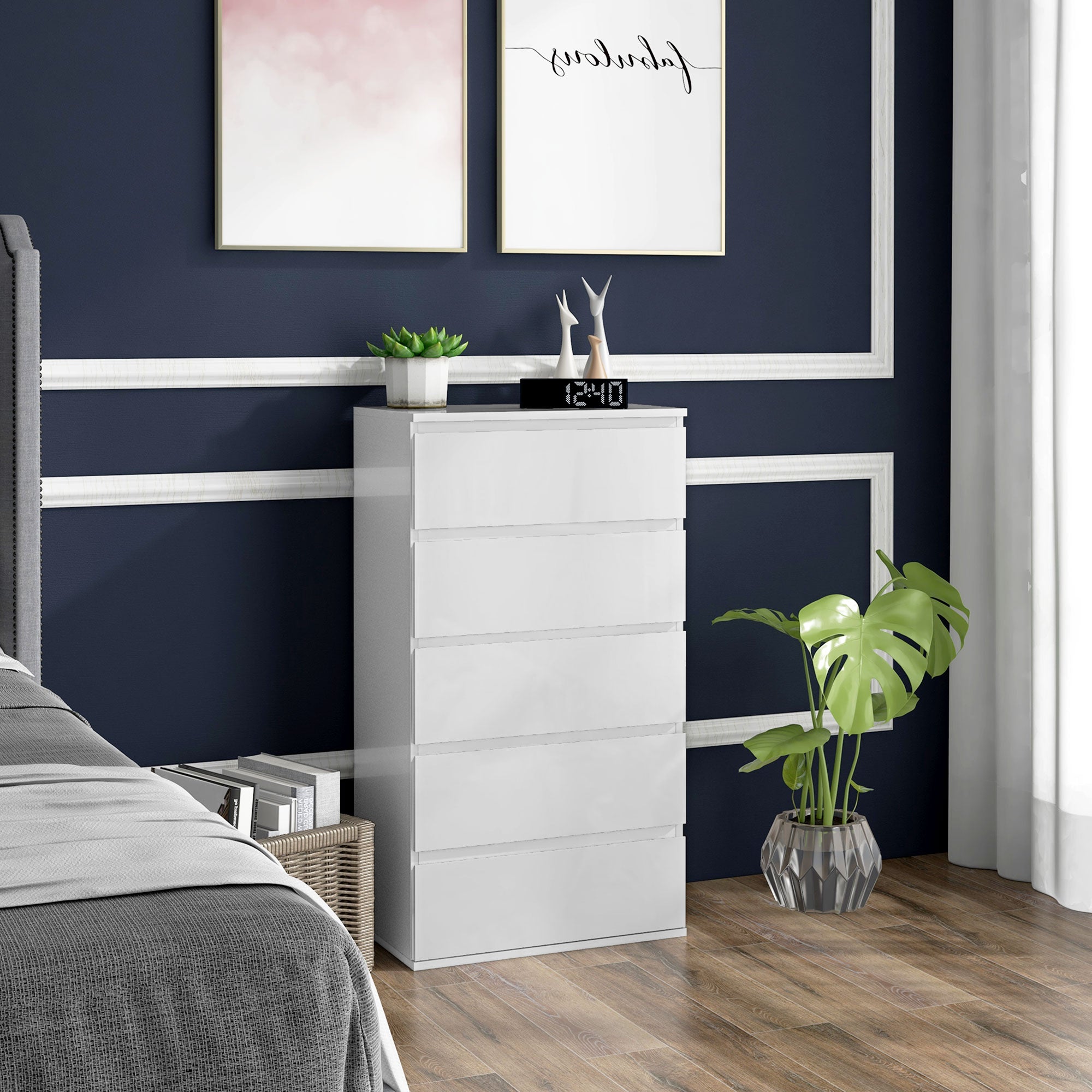 HOMCOM 5-Drawer Modern Dresser, High Gloss Storage Drawer Unit for Bedroom, White