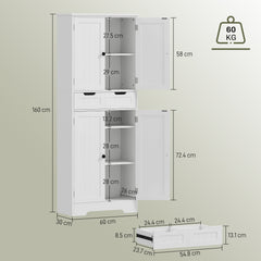 HOMCOM Tall Bathroom Cabinet, Freestanding Bathroom Storage Cabinet with Drawer, Shelves and Doors, 60 x 30 x 160 cm, White