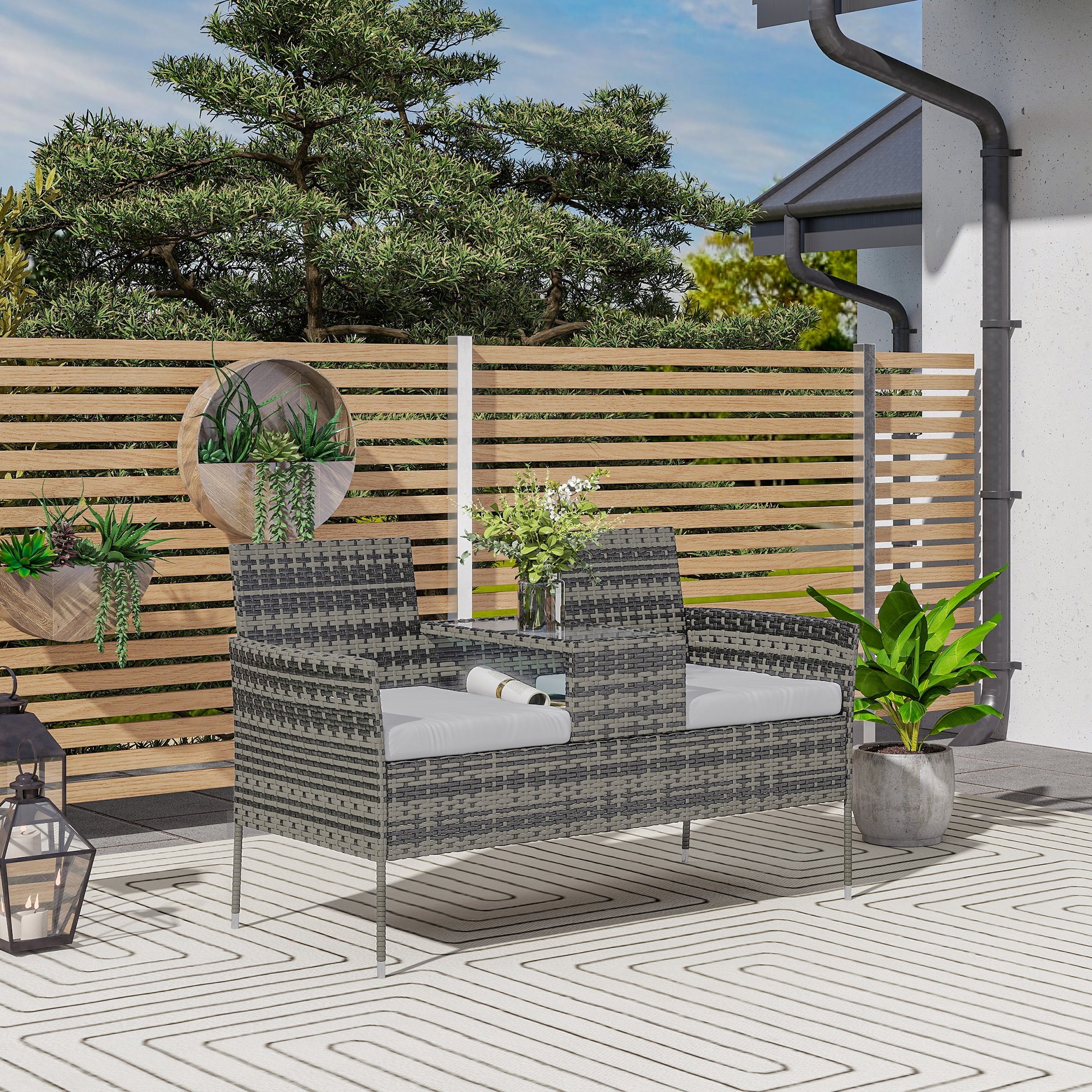 Outsunny Two-Seat Rattan Chair, with Middle Table - Charcoal Grey