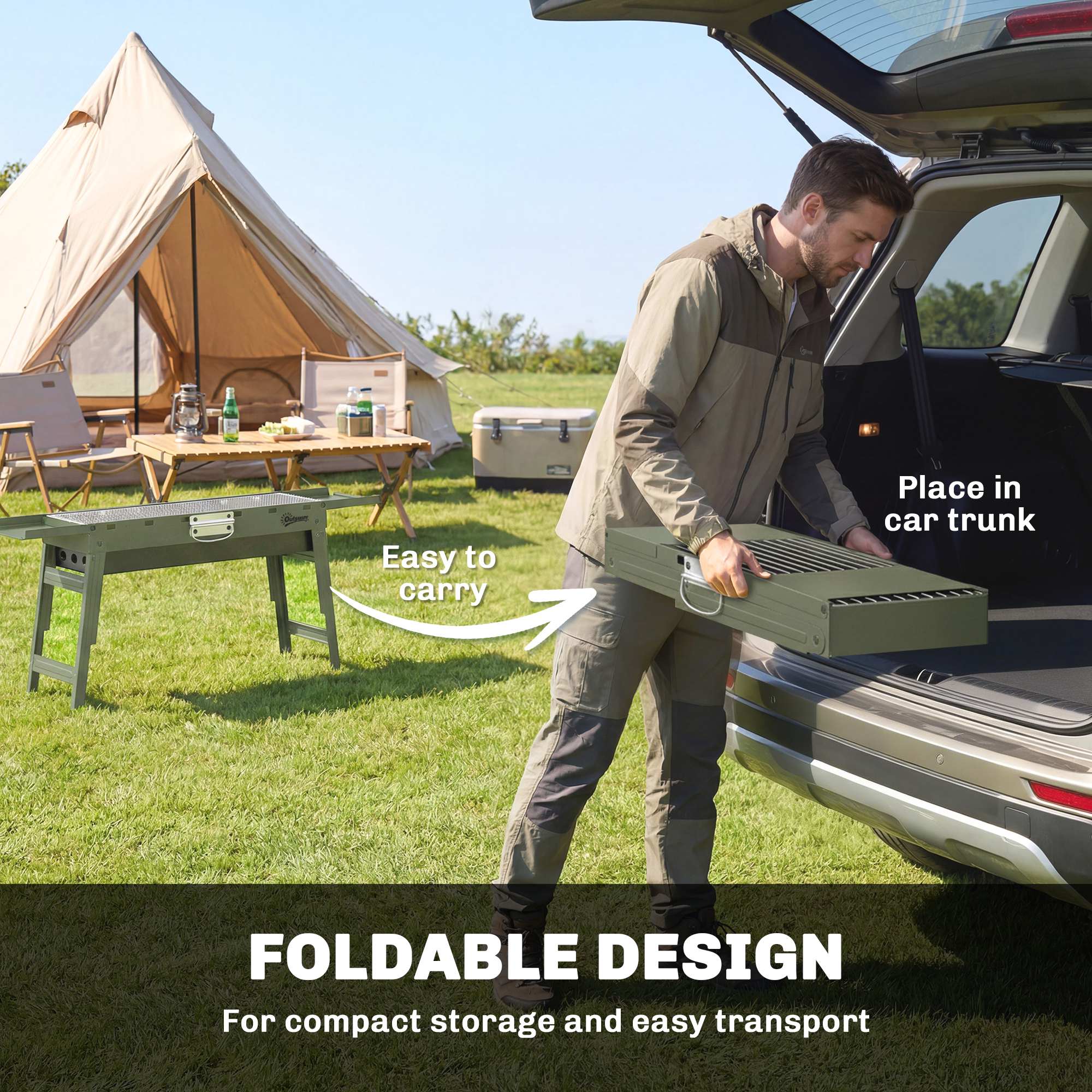 Outsunny Portable BBQ Grill, Foldable Charcoal Grill for Camping and Picnics with 2 Side Shelves and Handle, Green