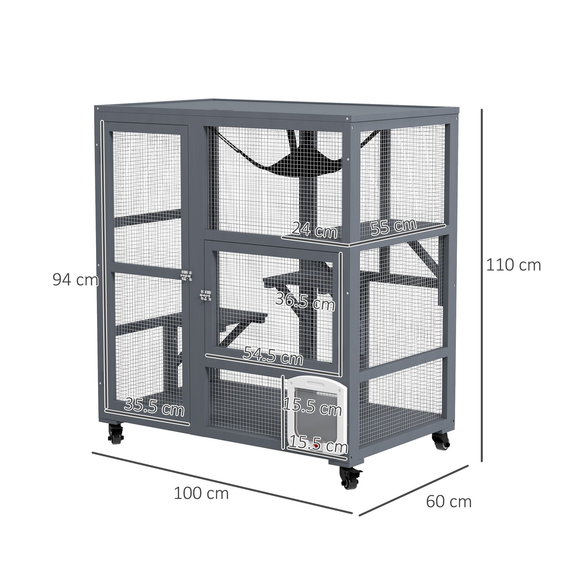 PawHut Cat House, Wooden Indoor Catio Cat Enclosure on Wheels, Wooden Kitty Cage with Platforms, Hammock, Light Grey