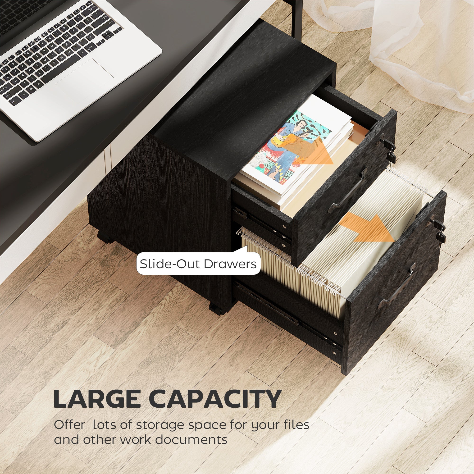 HOMCOM Rolling File Cabinet with 2 Drawers, Mobile Filing Cabinet with Hanging File Folder for Letter Sized Documents, Black