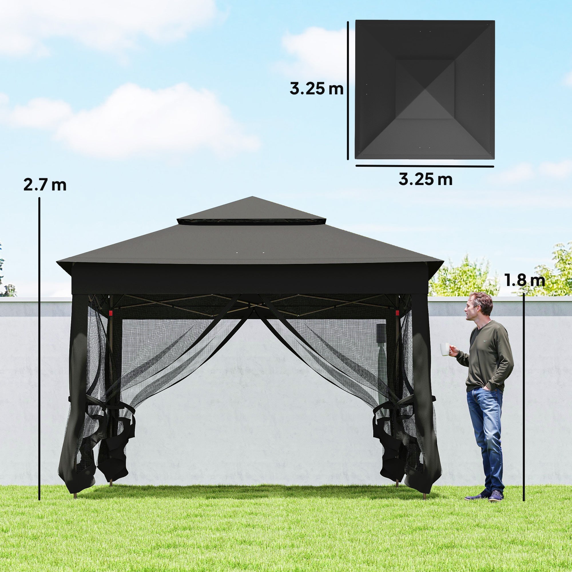 Outsunny 3 x 3(m) Pop Up Gazebo, Double-roof Garden Tent with Netting and Carry Bag, Party Event Shelter, Black