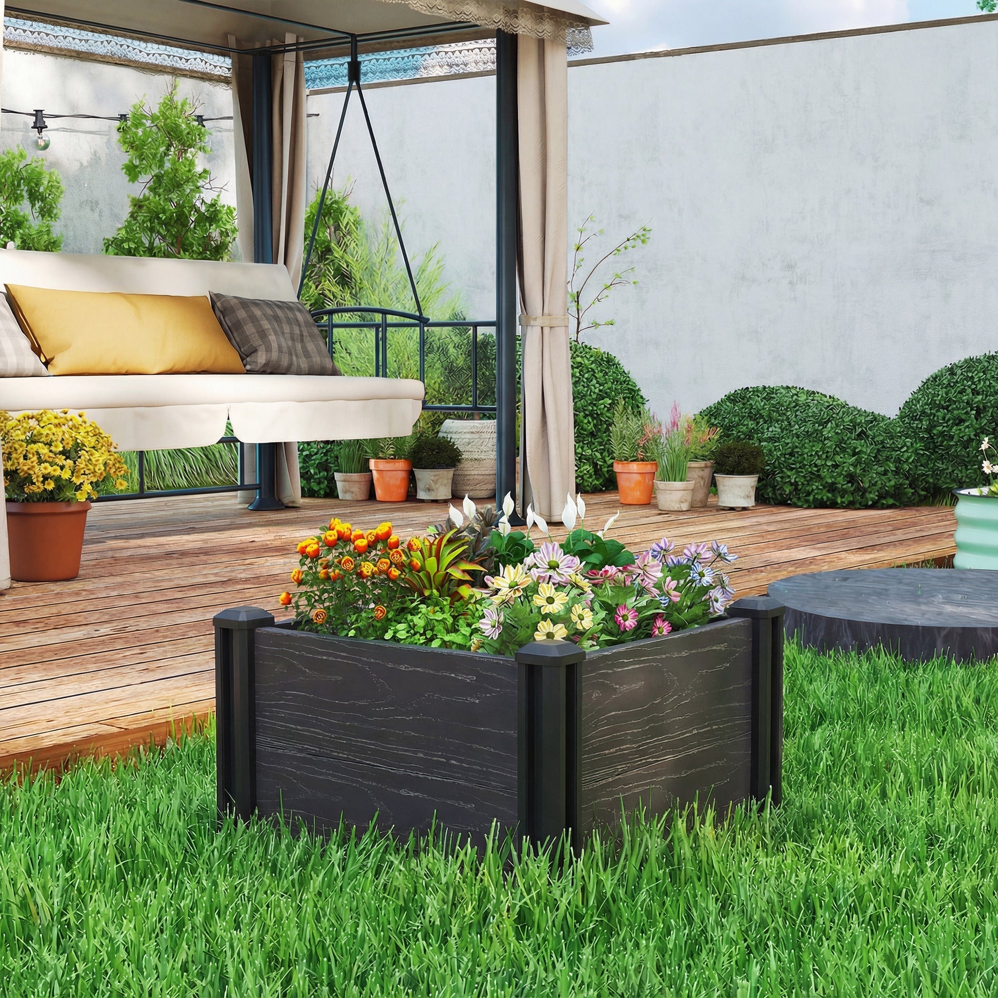 Outsunny Vinyl Raised Garden Bed Kit, 2 x 2 x 1ft Modular Elevated Garden Box with Slotting Legs and Open Bottom, Dark Grey