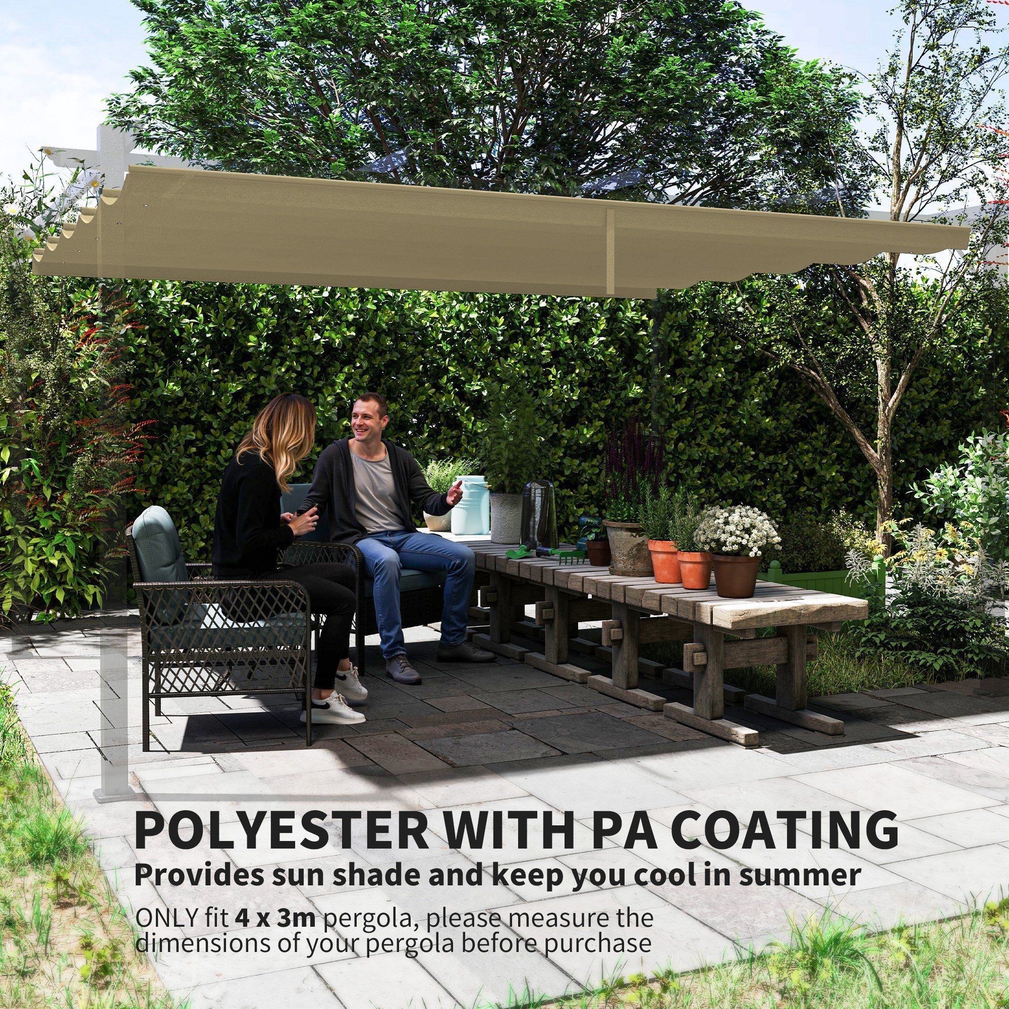Outsunny Retractable Pergola Cover, 3.5 x 2.6 m Replacement Canopy Fabric for 4 x 3 m Frame, Roof Top Only, Tan