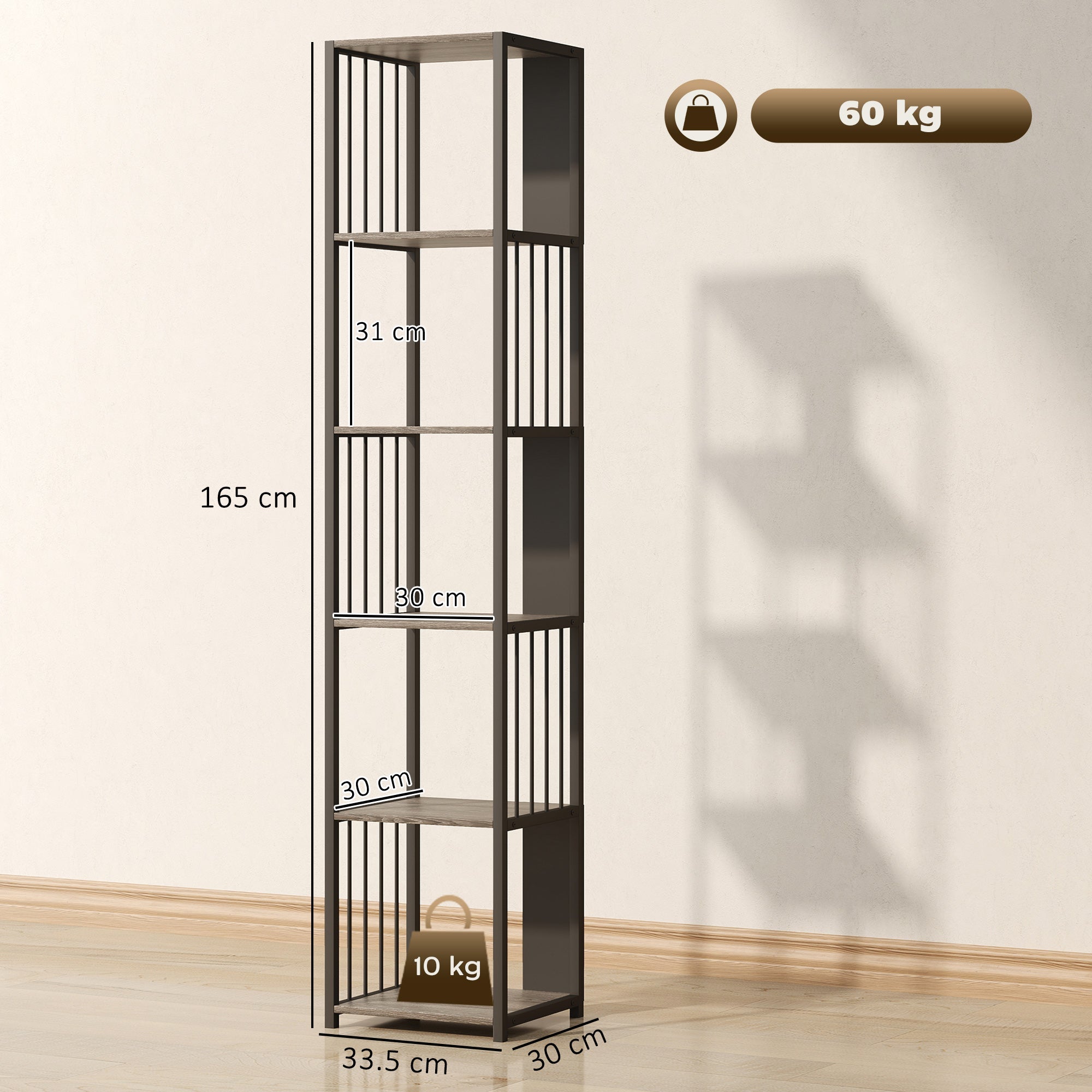 HOMCOM 5-Tier Bookshelf with Steel Frame - Grey