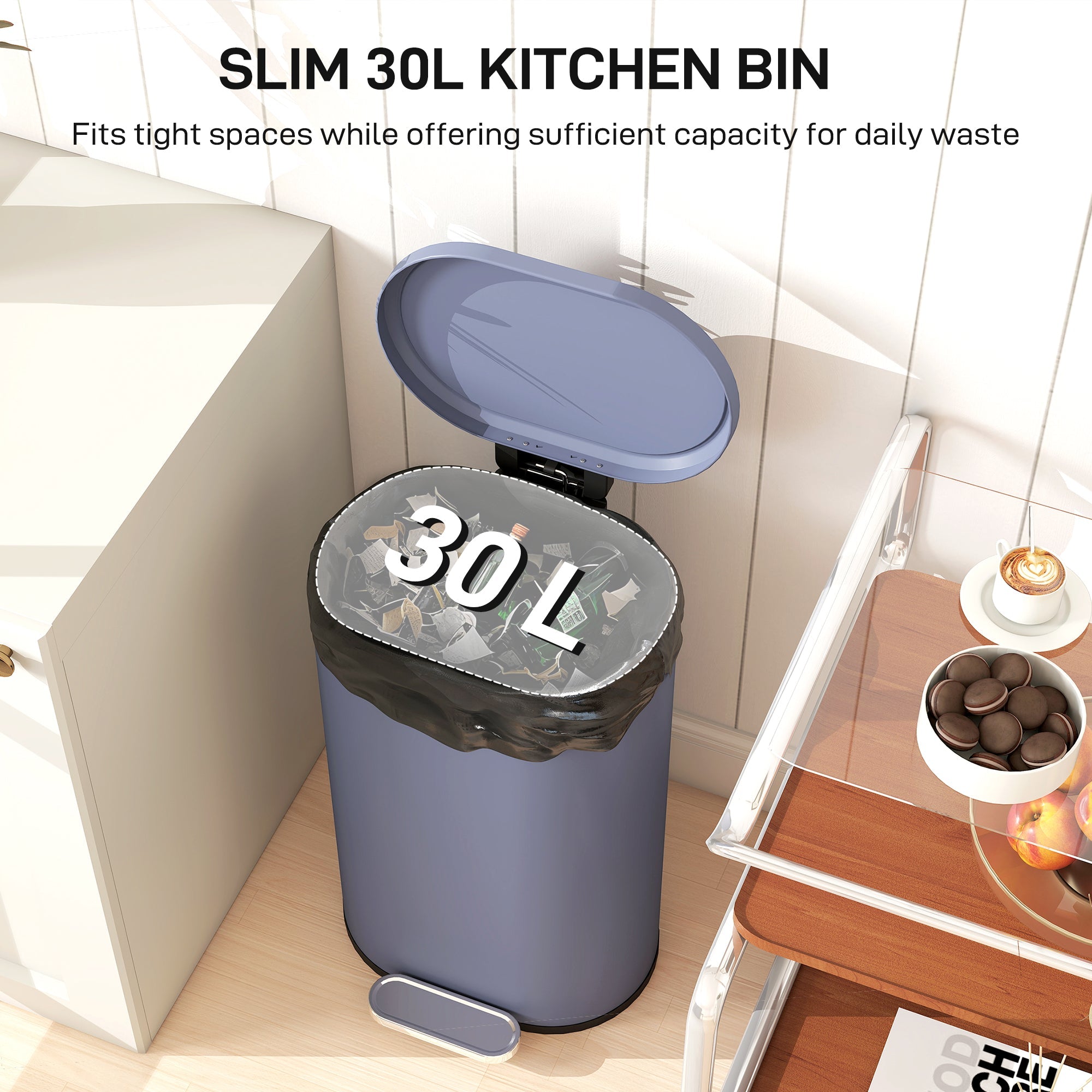 HOMCOM 30 L Modern Curved Kitchen Bin - Grey