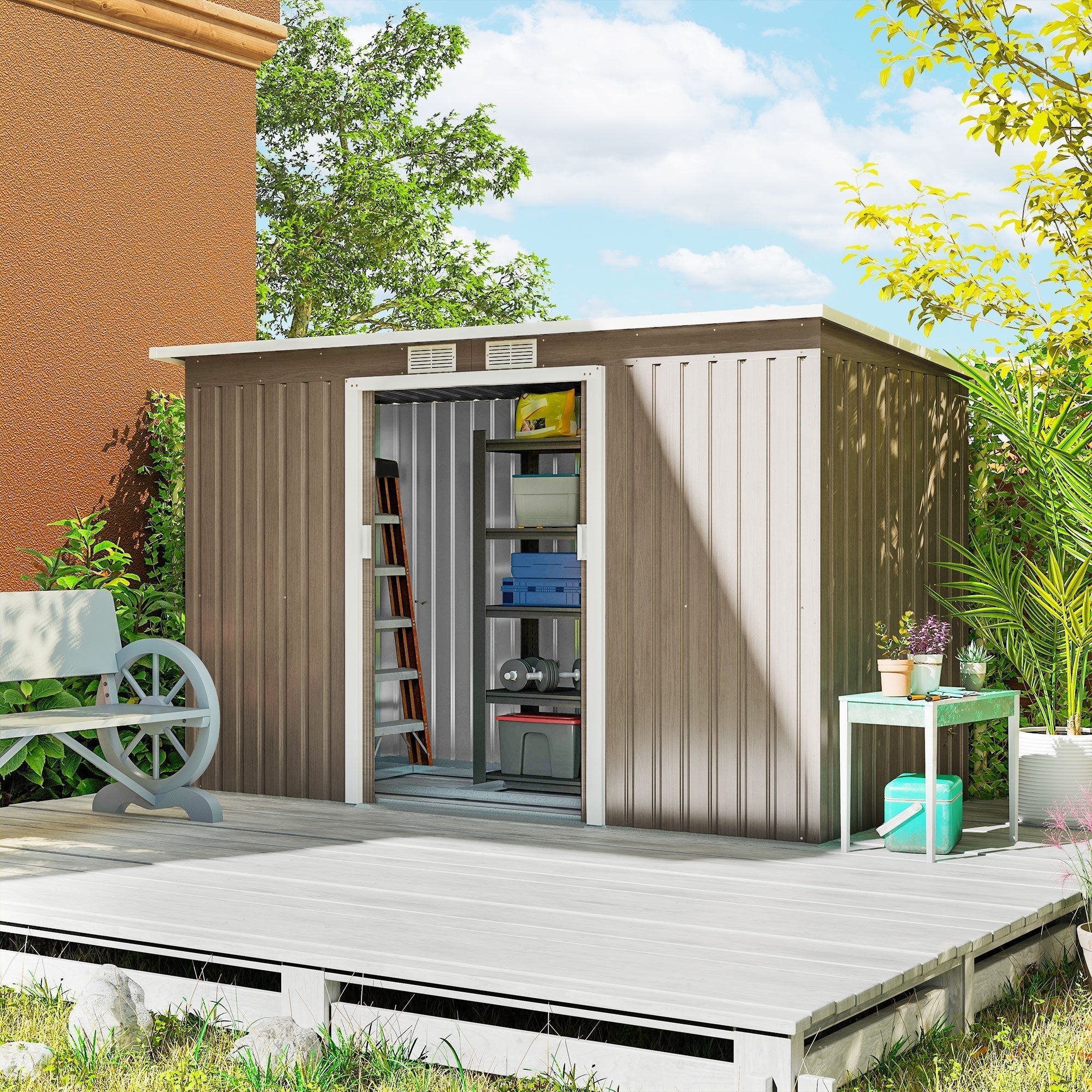 Outsunny 4 x 9ft Metal Shed, with Foundation Shed - Brown