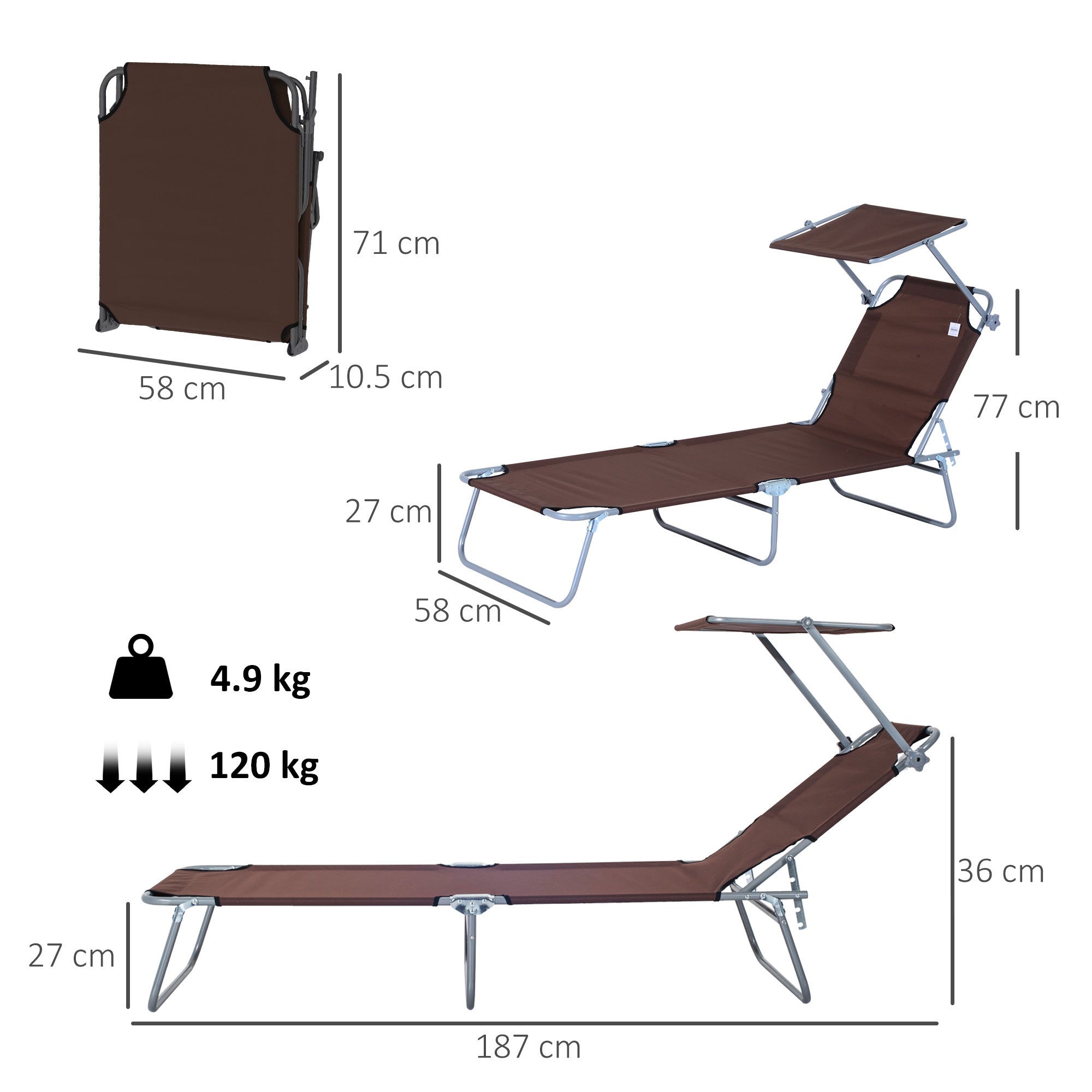 Outsunny Outdoor Foldable Sun Lounger, 4 Level Adjustable Backrest  Reclining Sun Lounger Chair with Angle Adjust Sun Shade Awning for Beach, Garden, Patio, Brown