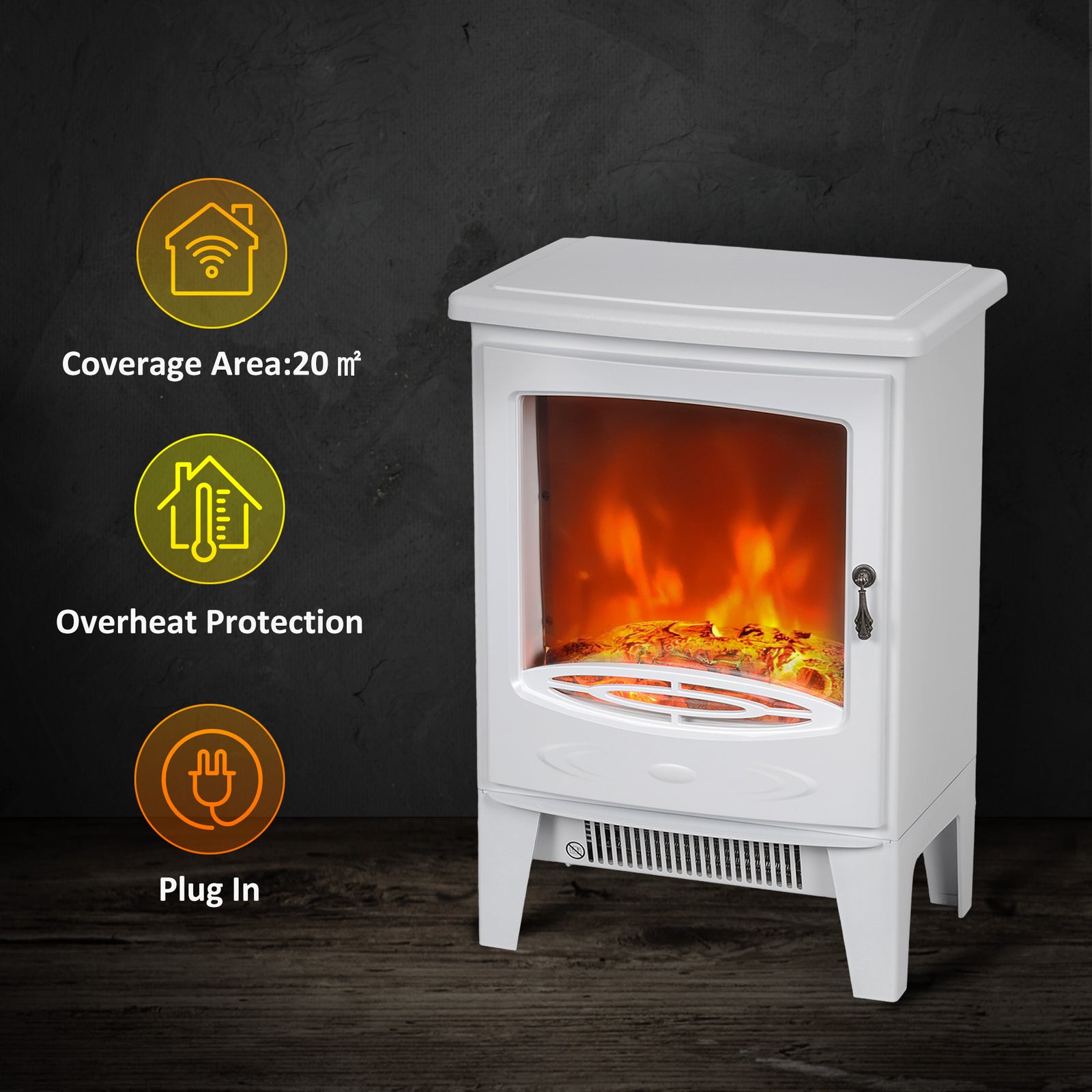 HOMCOM Tempered Glass Casing Electric Fireplace, Freestanding Electric Fire with Realistic Flame Effect, Log Burner with Overheat Protection, 1000w/ 2000W, White