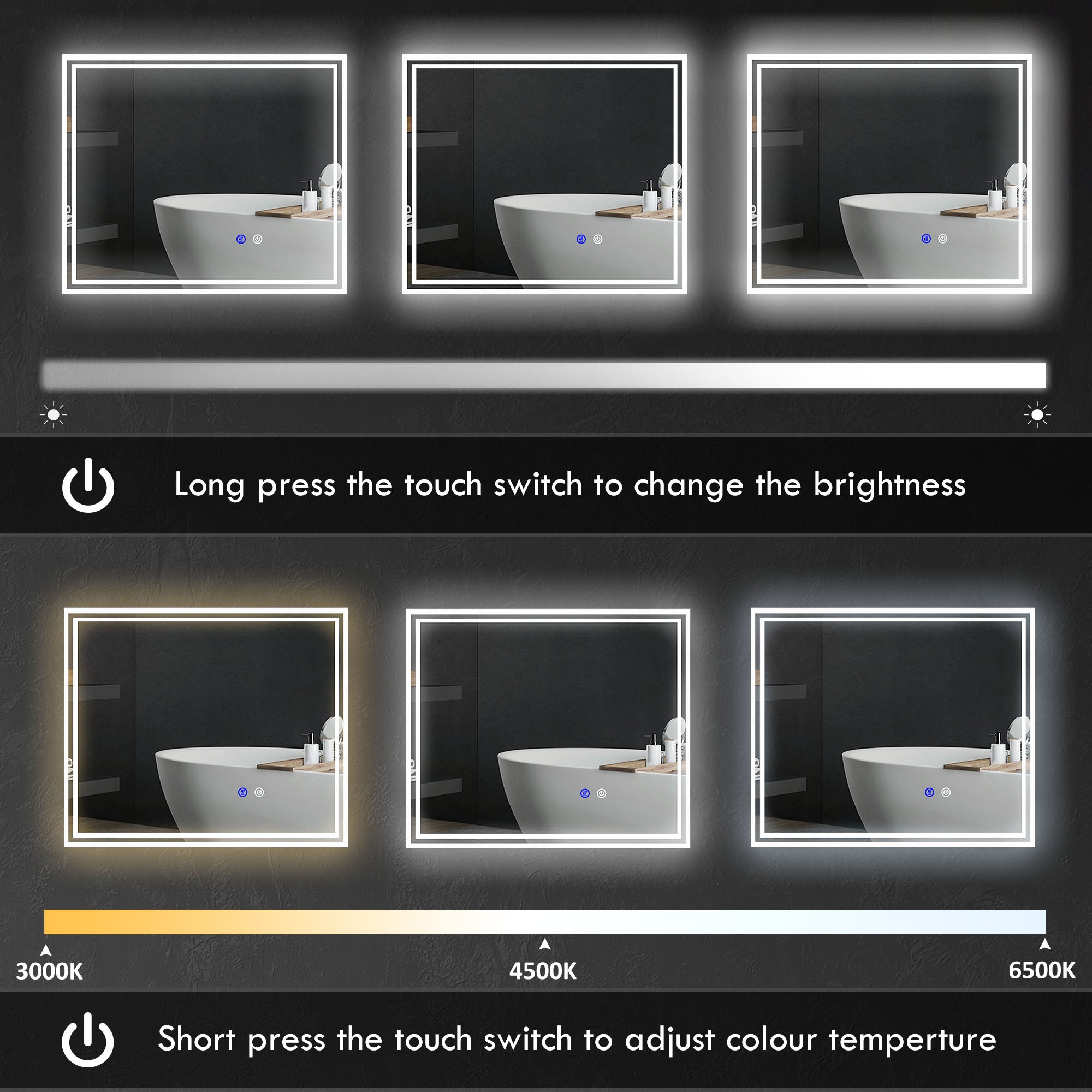 kleankin LED Bathroom Mirror with Lights, Illuminated Makeup Mirror, Vanity Mirror with 3 Colour, Smart Touch, Anti-Fog