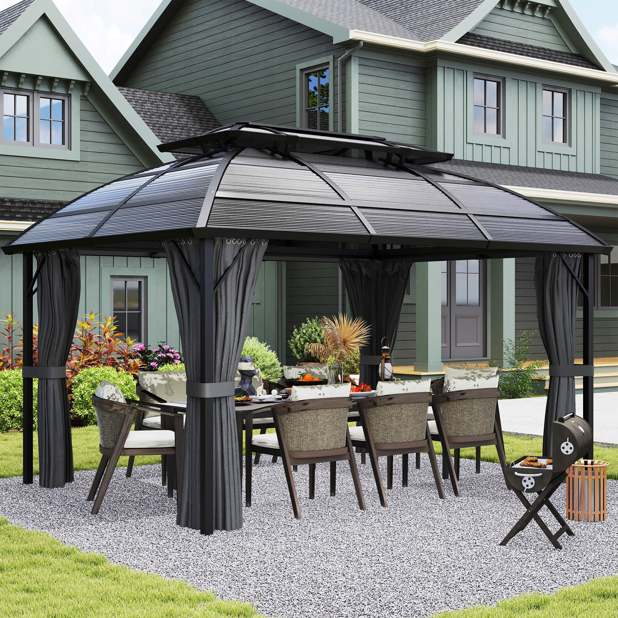 Outsunny 4 x 3m Aluminium Frame Hard Gazebo, with Accessories - Black