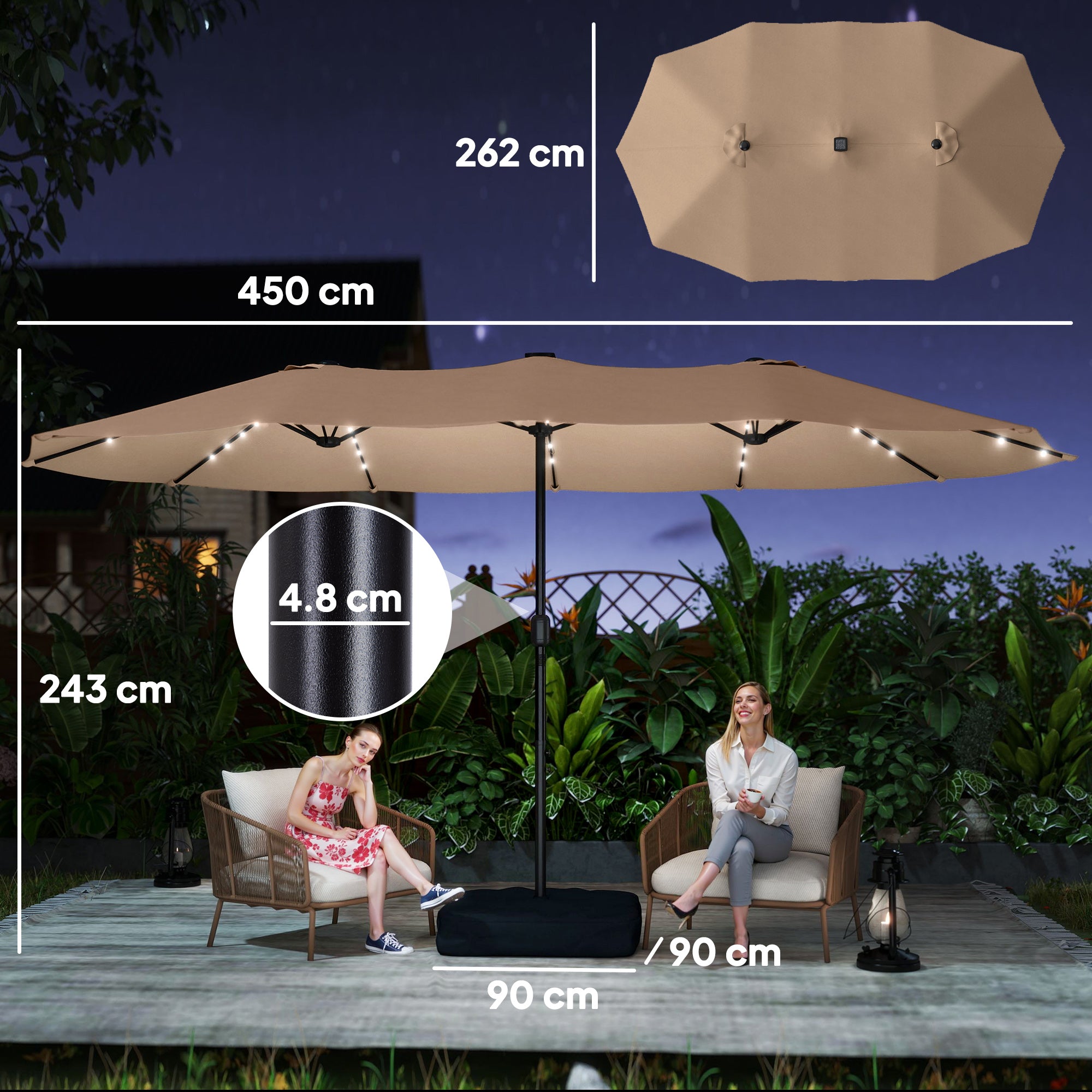 Outsunny Patio Umbrella Double-Sided Outdoor Umbrella with Solar Lights Base, Khaki