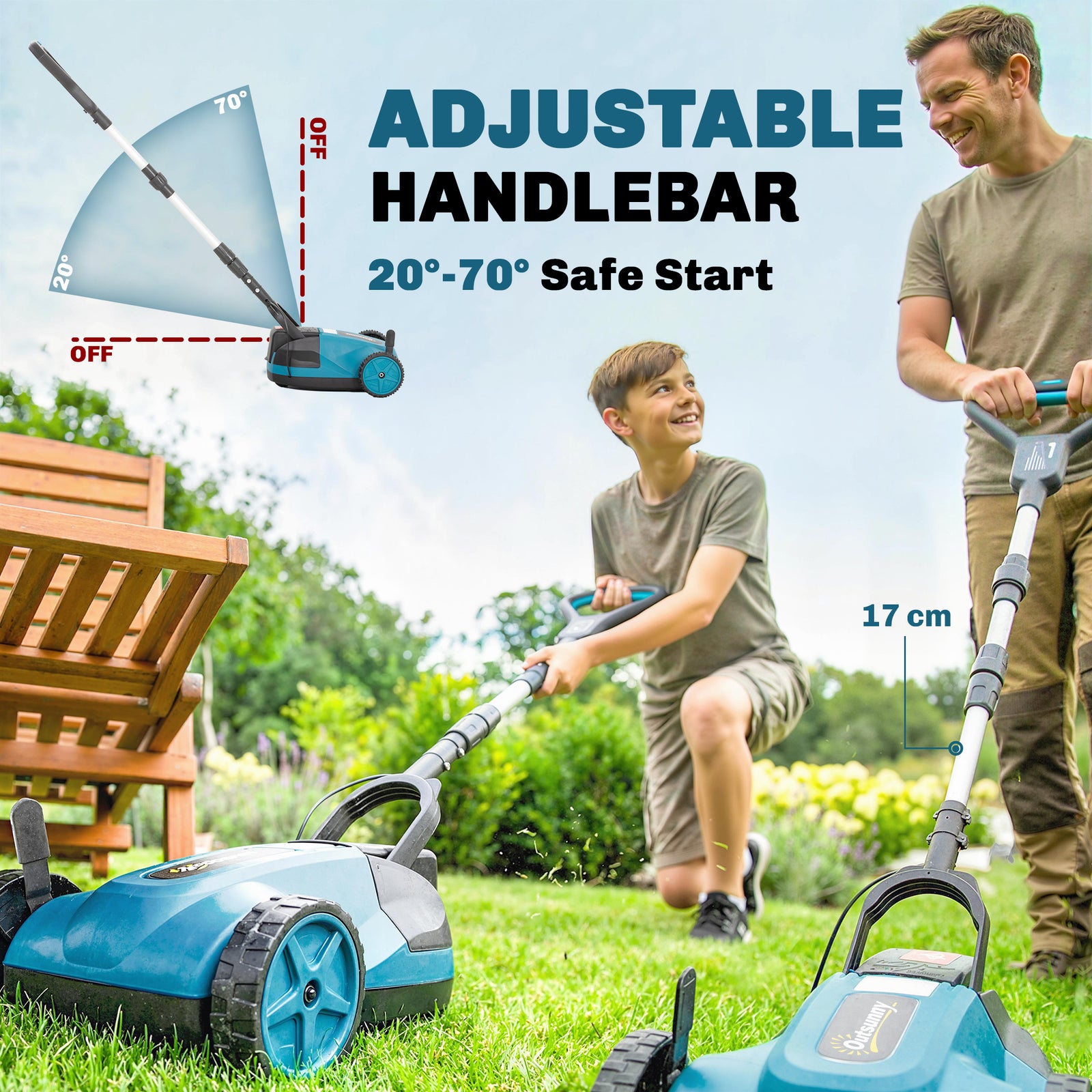 Outsunny 18V Cordless Lawnmower with 2 x 4Ah Batteries & Charger, Battery Lawn Mower with 21cm Cutting Width, 3 Cutting Heights