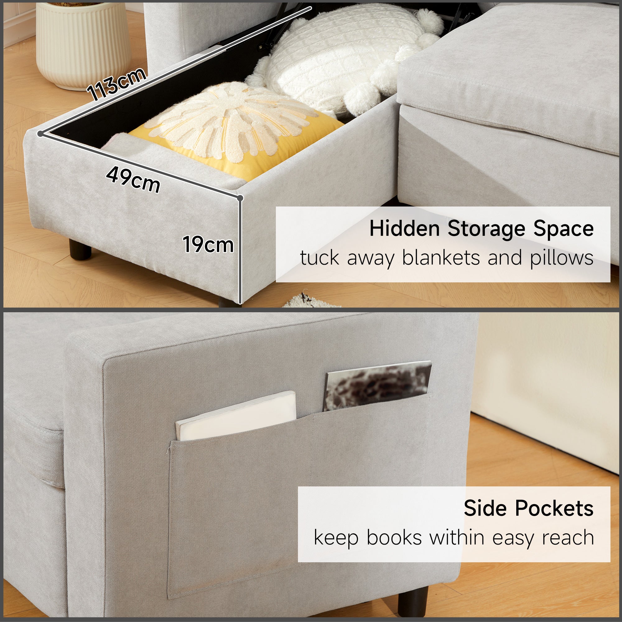 HOMCOM Pull Out Sofa Bed with Storage - Light Grey