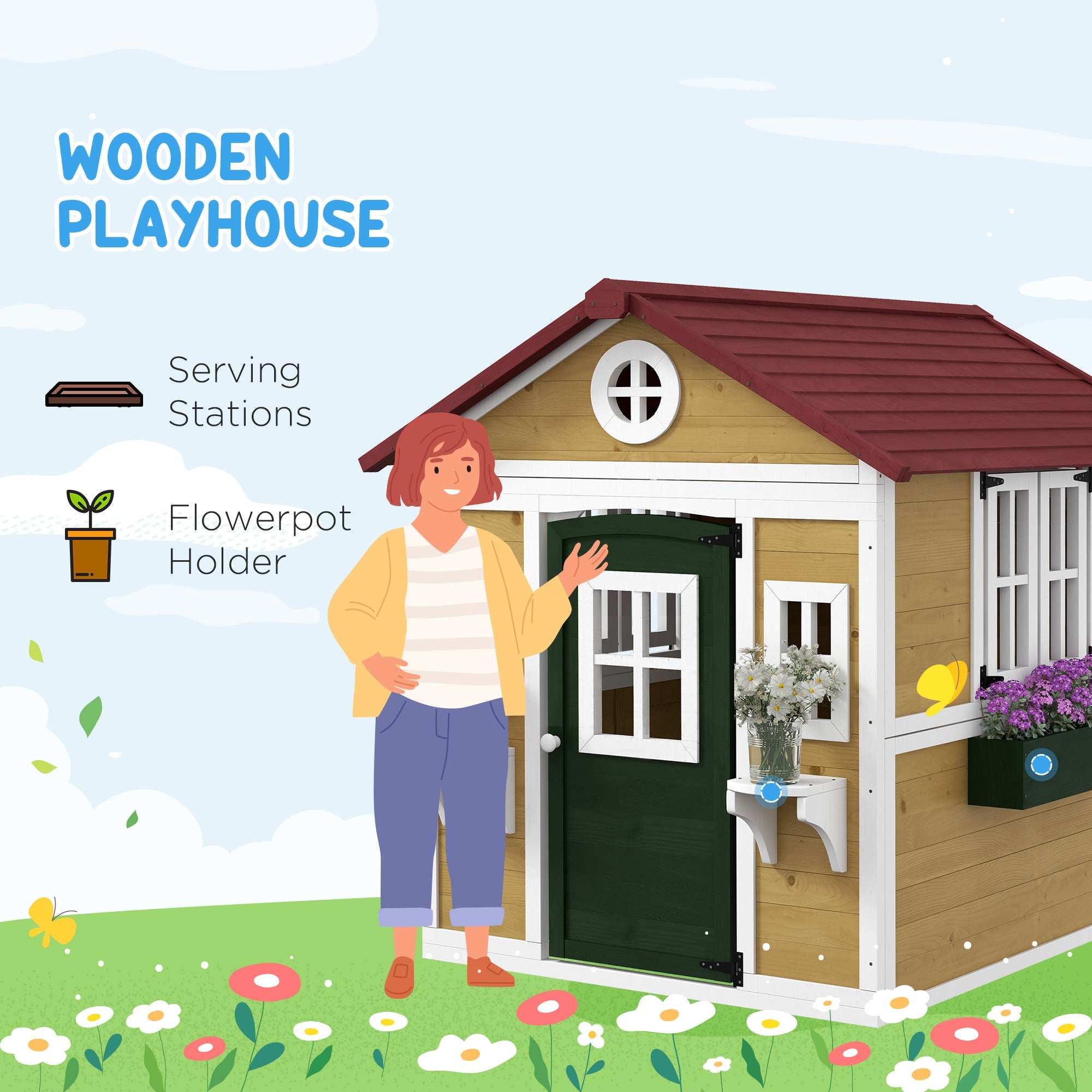 Outsunny Wooden Playhouse with Doors, Windows, Plant Pots, Boxes, for 3-8 Years - Beige