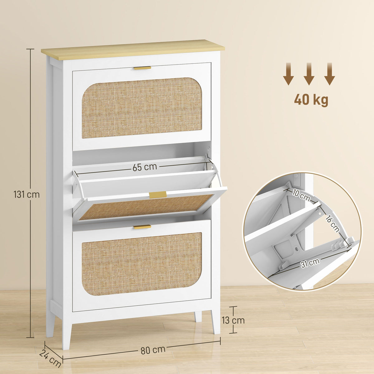 HOMCOM Narrow Shoe Cabinet, Boho Slim Shoe Storage Cabinet with 3 Flip Drawers, Holds 21 Pairs, White