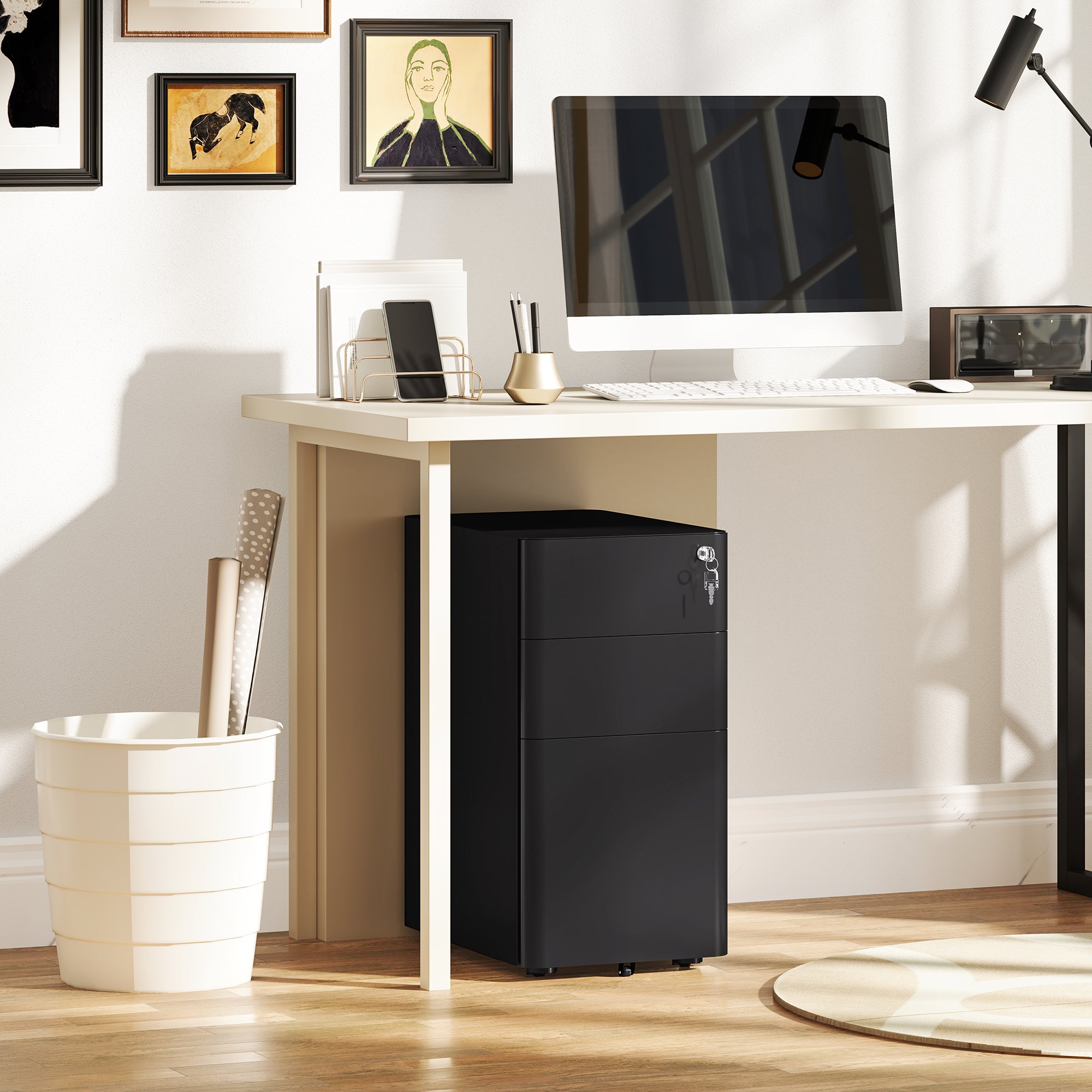 Vinsetto 3-Drawer Steel Filing Cabinet with Lock - Black