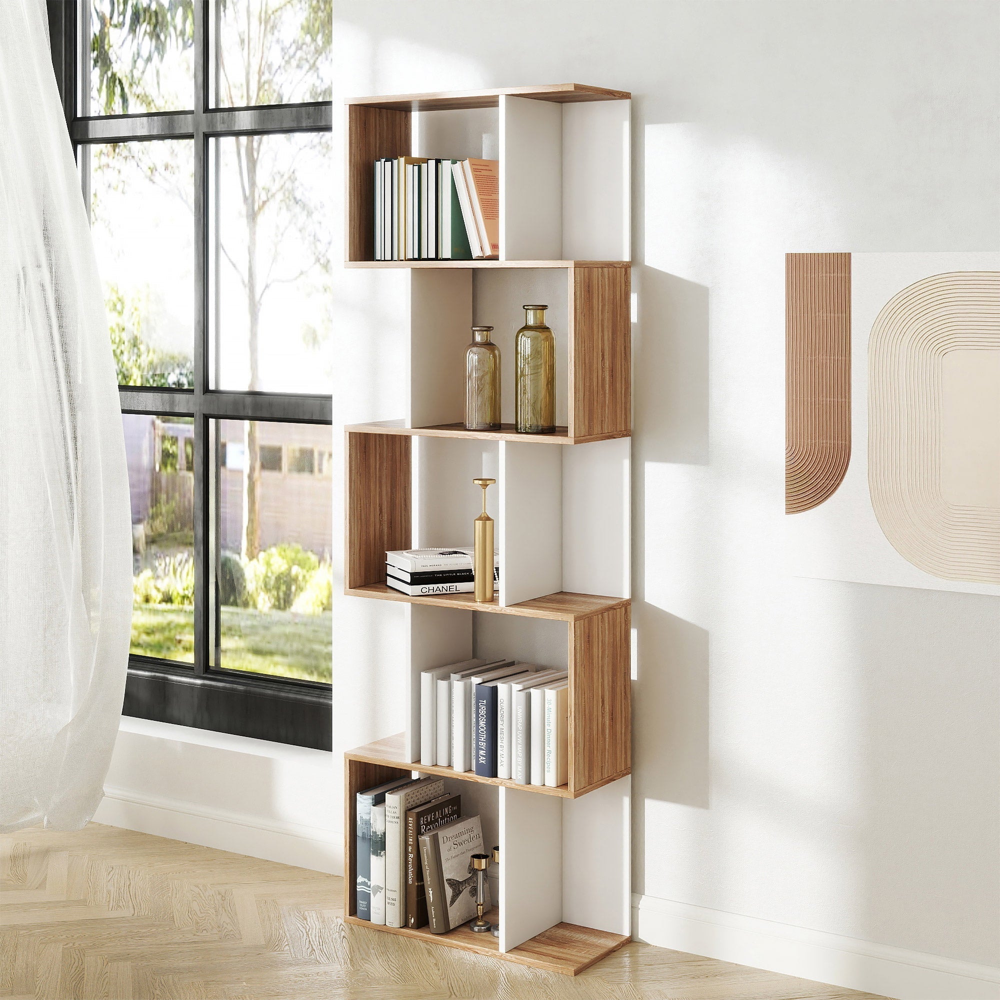 HOMCOM Bookcase, S-Shaped Wooden Bookshelf, 5/6 Tiers Freestanding Storage Shelf, Home Office Decorative Display Stand Rack, Oak and White, 24D x 60W x 184.5H