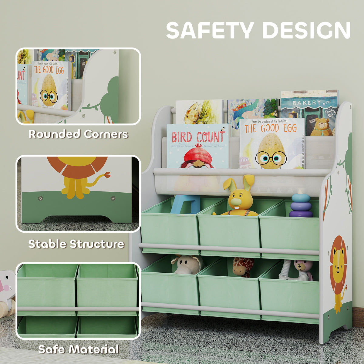 AIYAPLAY Kids Storage Unit, Toy Organiser with 6 Fabric Drawers and 2-Tier Sling Book Rack for Bedroom, Playroom, Nursery, Green