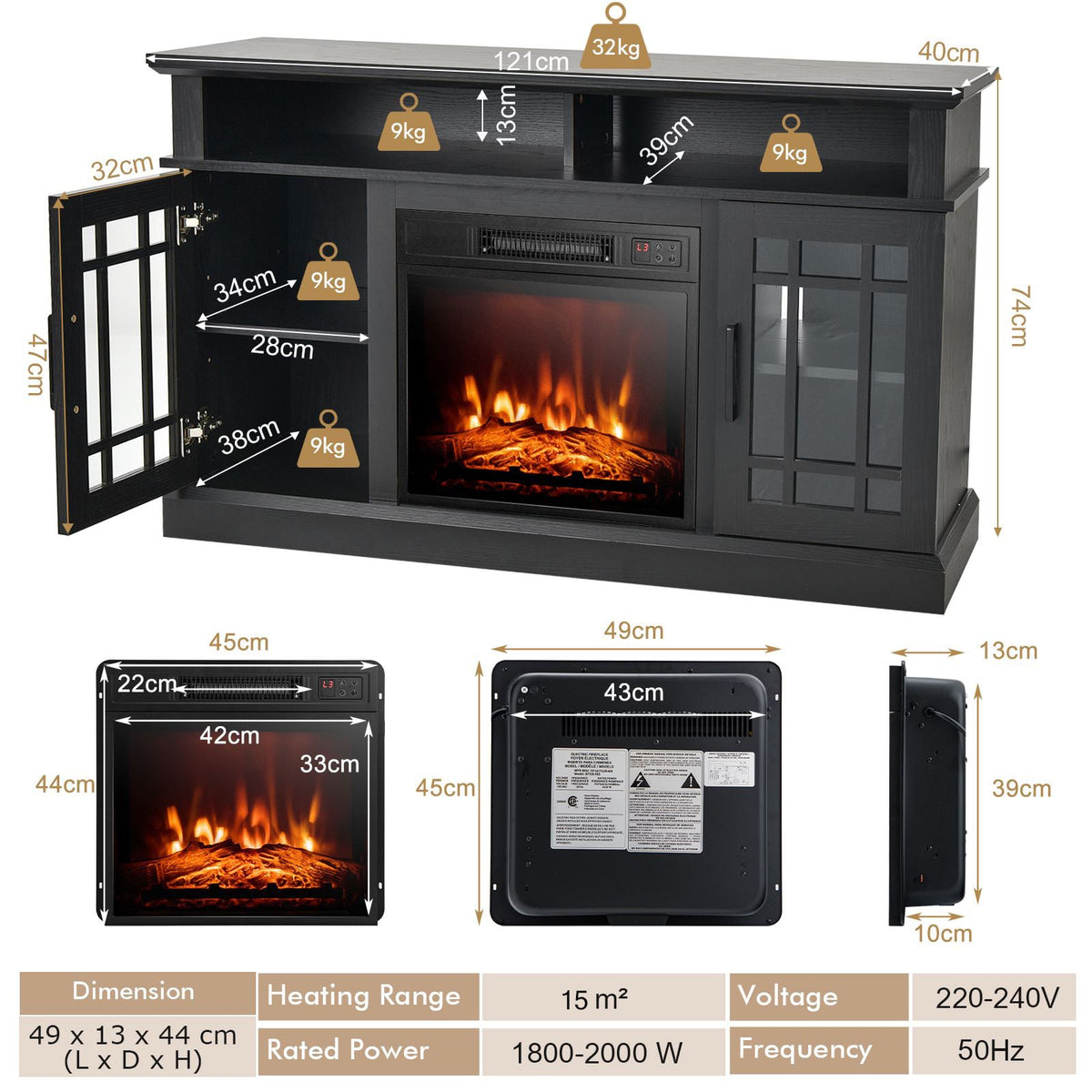 Fireplace TV Stand in Black, image 4