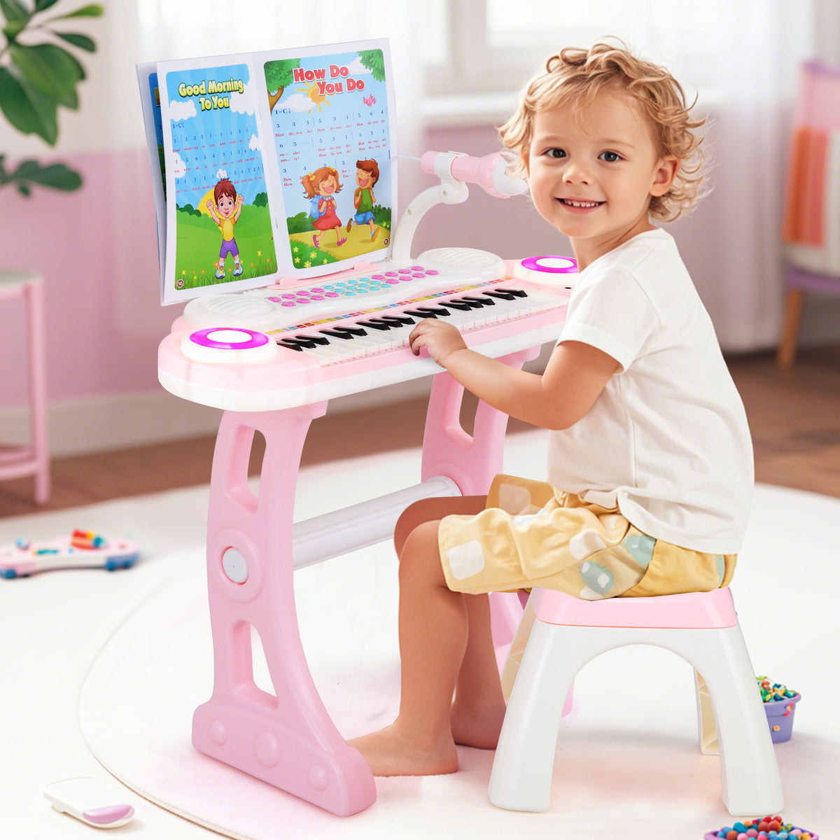 37 Keys Electronic Kids Piano Toy with Detachable Legs and Stool-Pink