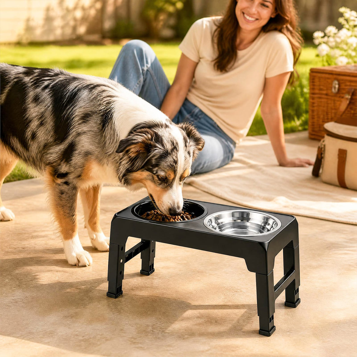 Elevated Dog Bowls with Slow Feeder and 4-Level Adjustable Stand-Black