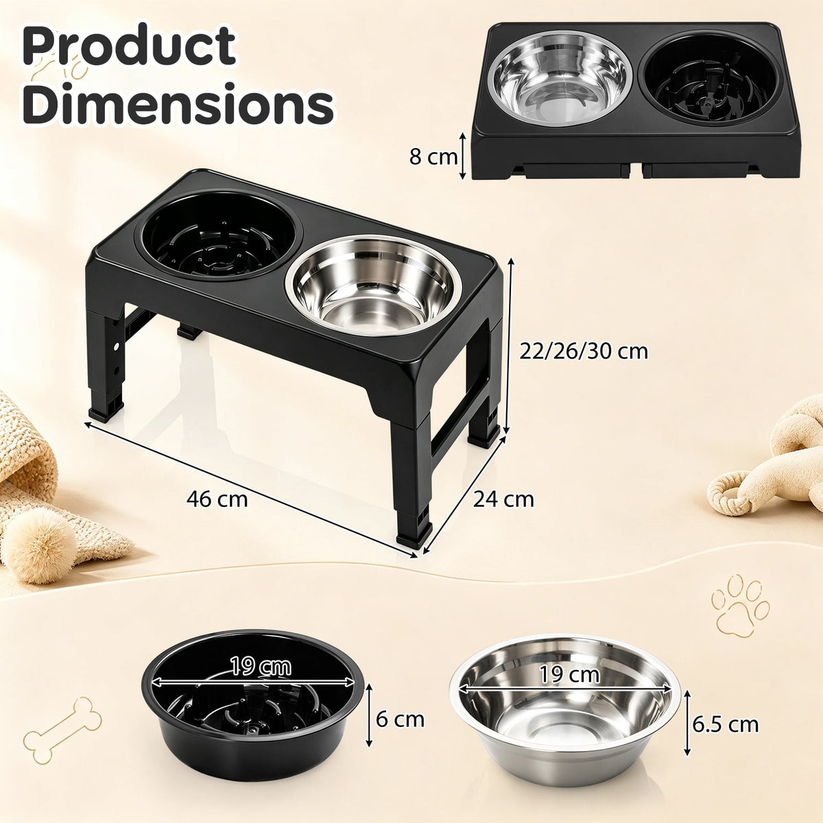 Elevated Dog Bowls with Slow Feeder and 4-Level Adjustable Stand-Black