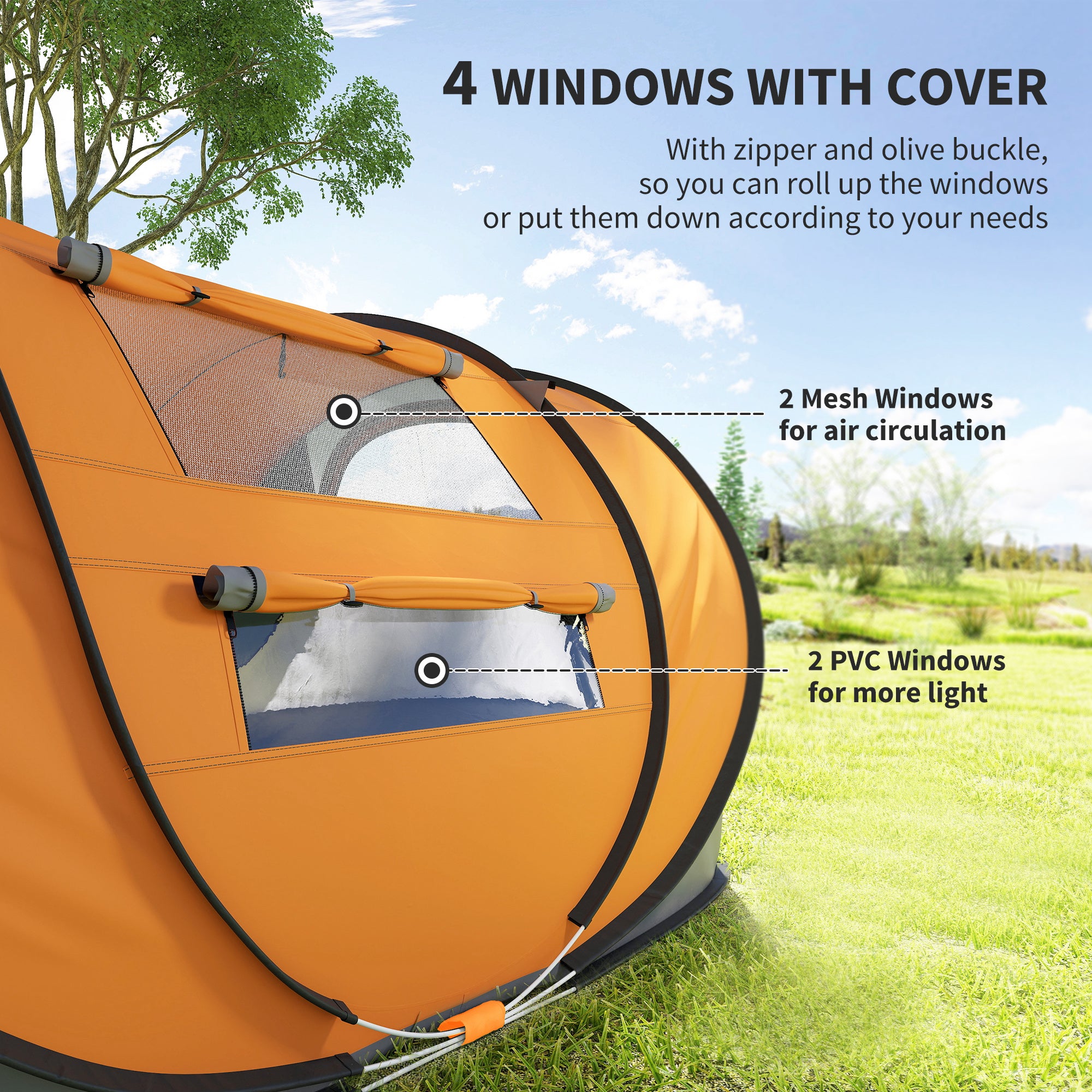 Outsunny 4 Person Pop-up Camping Tent Family Tent with Ground Sheet, 4 Windows and Portable Carry Bag for Beach Outdoor Trip, Orange