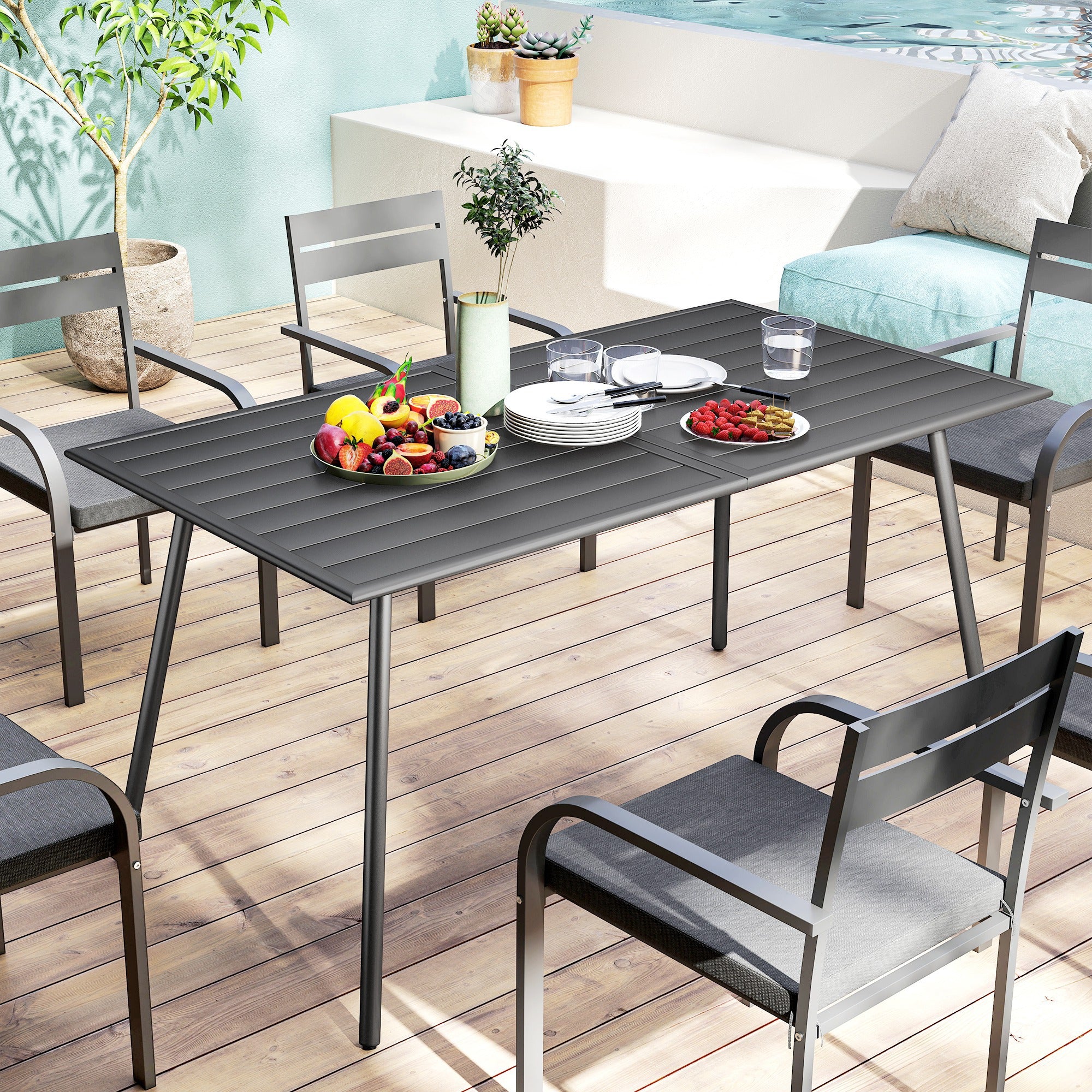 Outsunny Rectangle Garden Table with Slat Top, Steel Frame, Outdoor Table for 6 Person, 150 x 80 x 74 cm, Grey