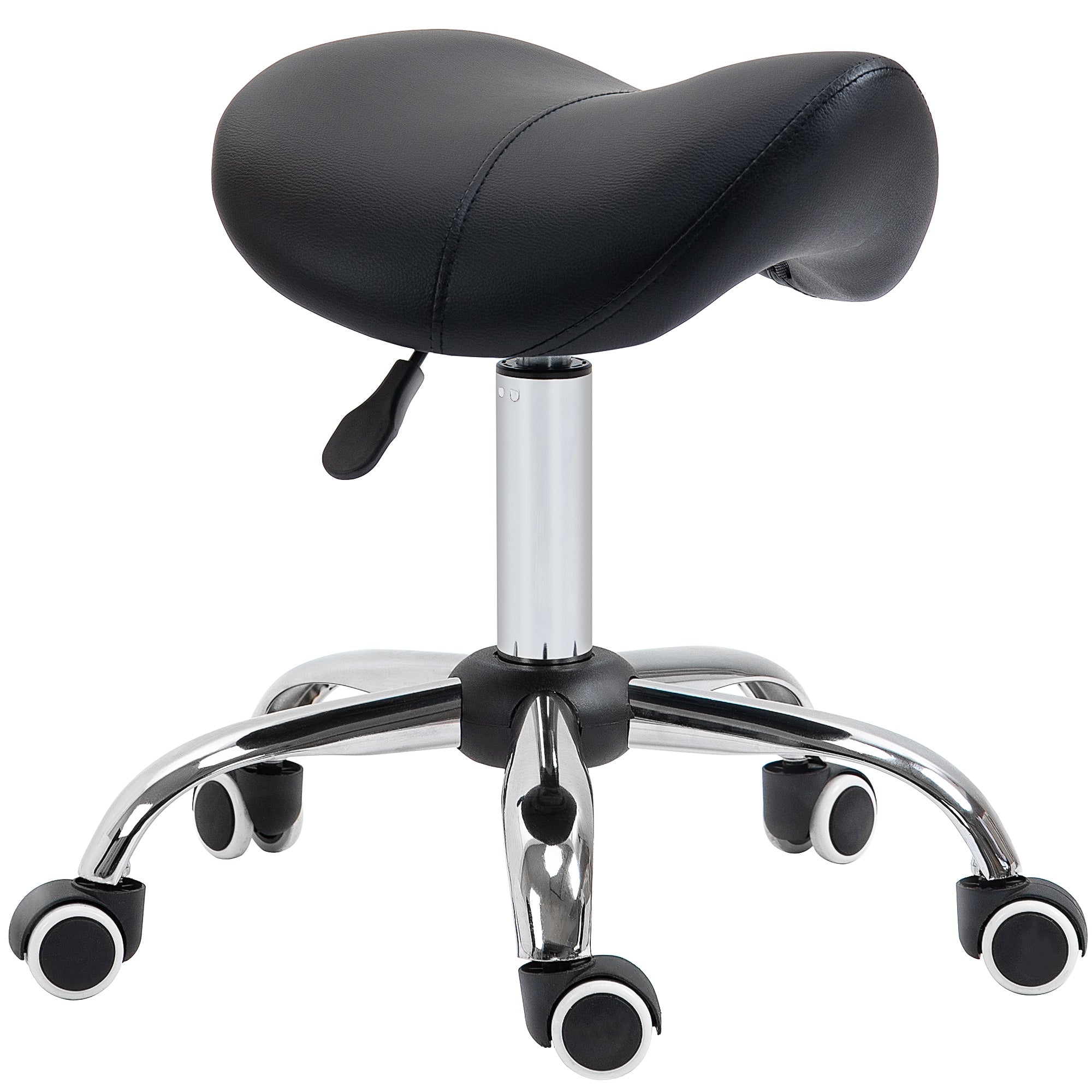 HOMCOM Cosmetic Stool 360 Rotate Height Adjustable Salon Massage Spa Chair Hydraulic Rolling Faux Leather Saddle Stool Mobility, Black