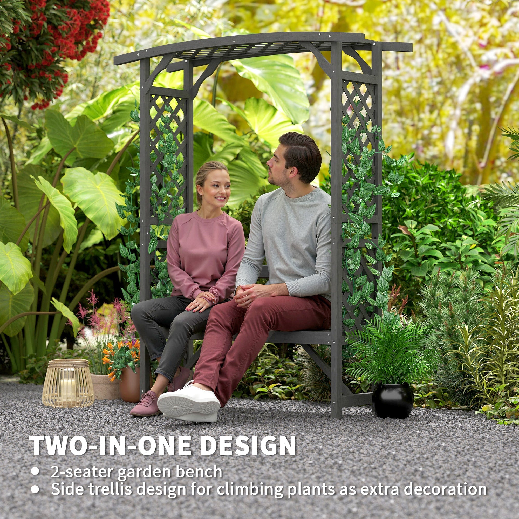Outsunny Garden Bench, Wooden Garden Arbour with Seat for Vines/Climbing Plants, Grey