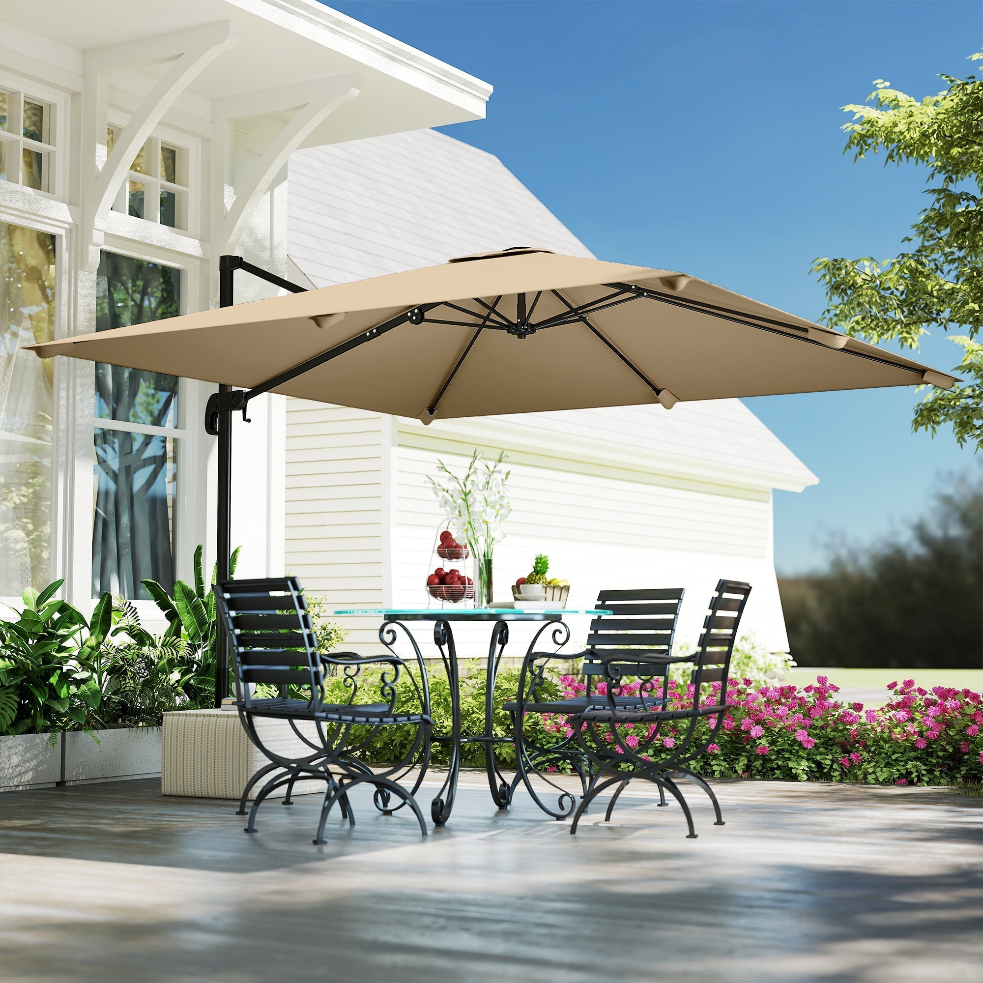 Outsunny 3 x 3 m Cantilever Parasol, Square Patio Umbrella with Crank Handle, Cross Base, Tilt, 360Â° Rotation, Khaki