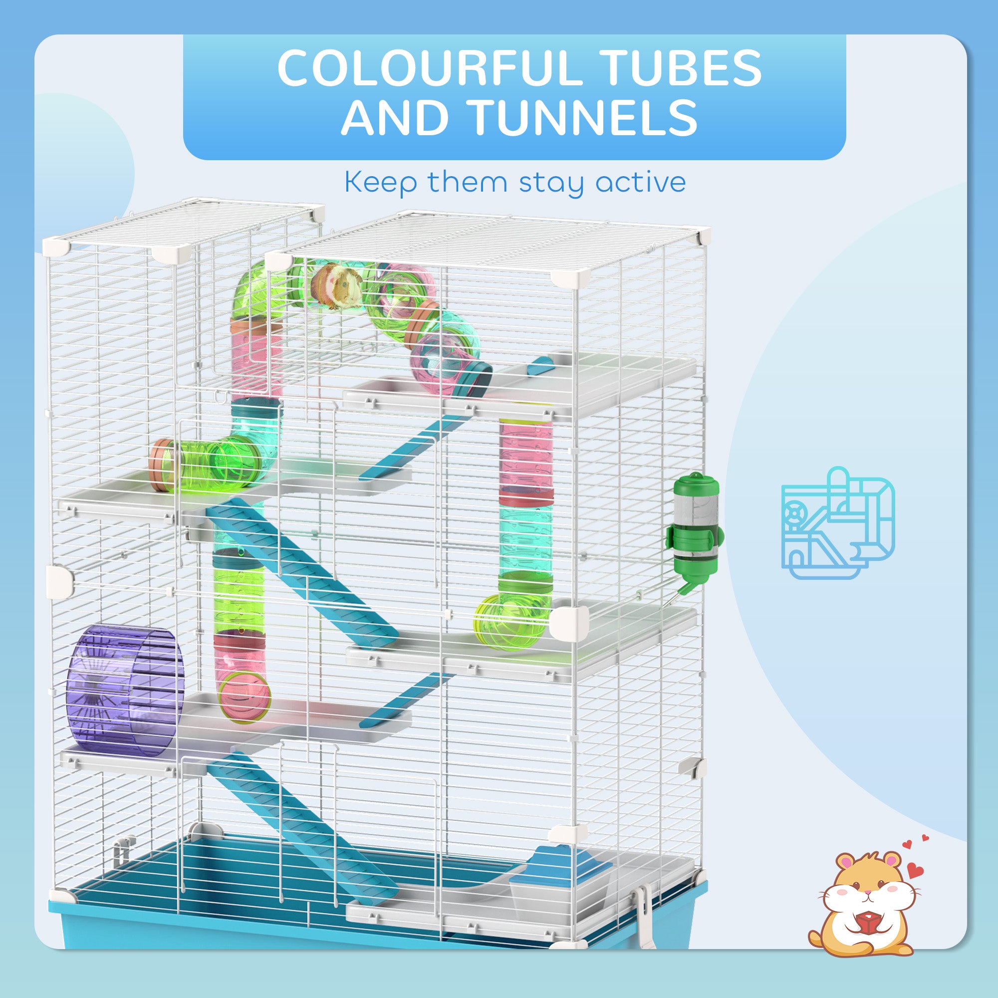 PawHut 6 Tier Hamster Cage, Small Animal Cage with Tubes, Exercise Wheel, Ramps, Hut, Food Dish, Water Bottle, Light Blue